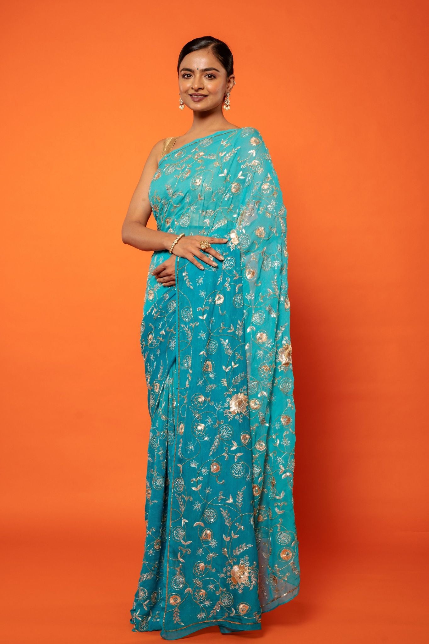 Firozi Light Dark pure chiffon aari sequins jaal handwork saree