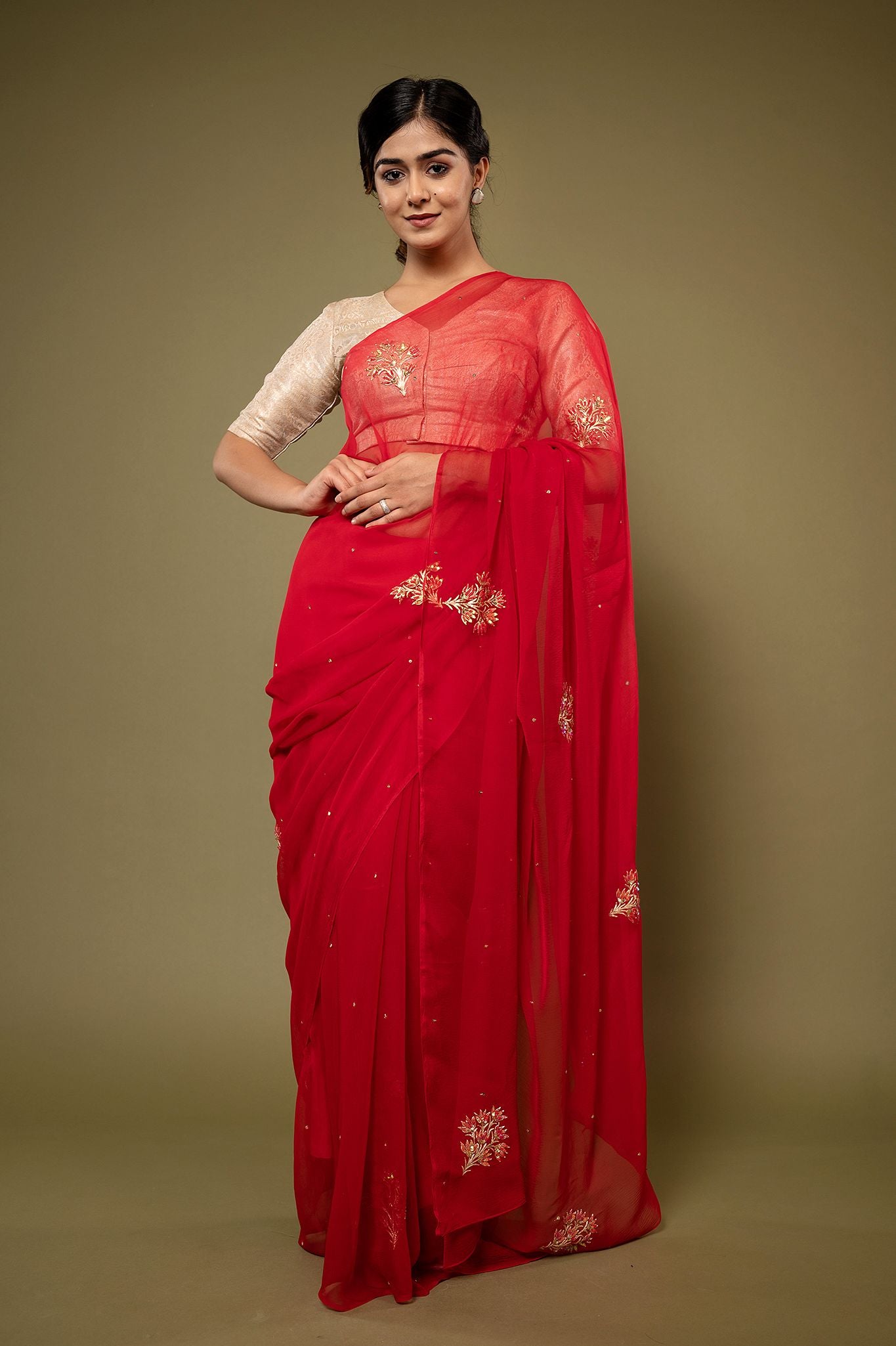 Red viscose chiffon aari sequins motif handwork casual wear saree