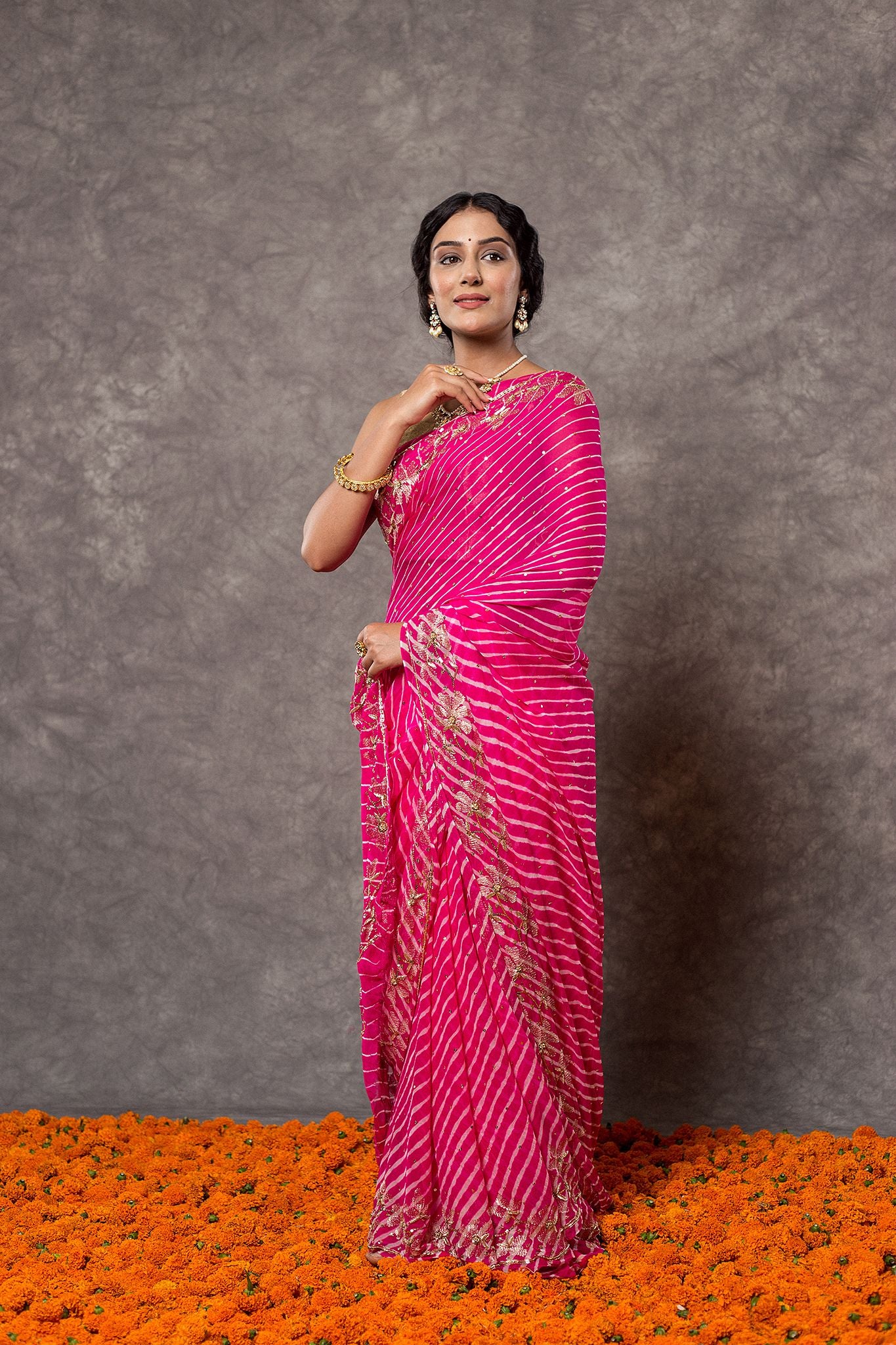 Rani Lehariya Pure Georgette 20 Gsm aari sequins border butti handwork traditional wear saree