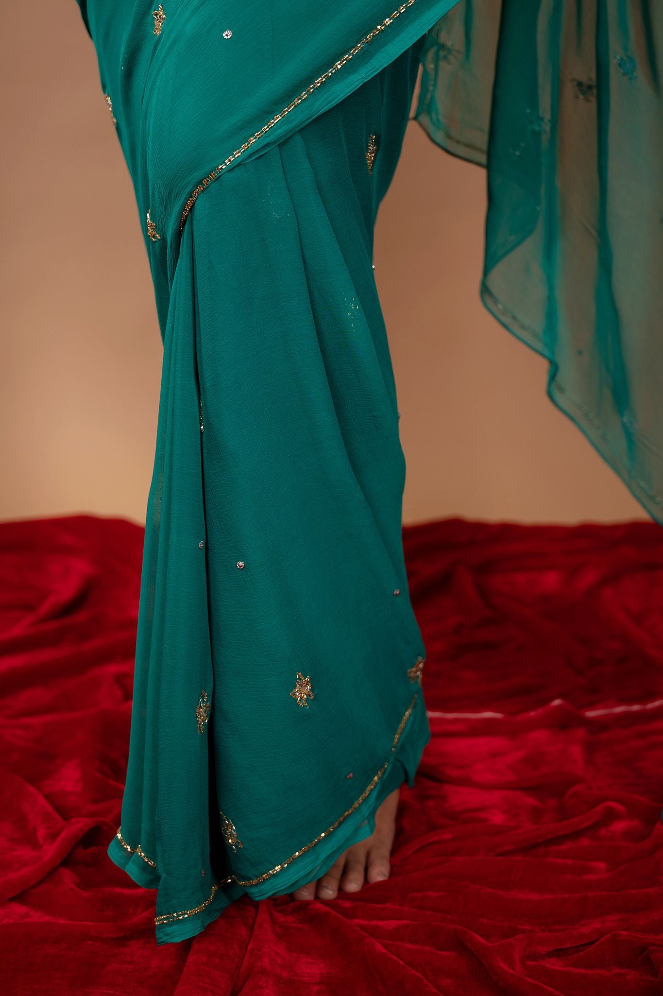 Rama green viscose chiffon kardana motif handwork casual wear saree