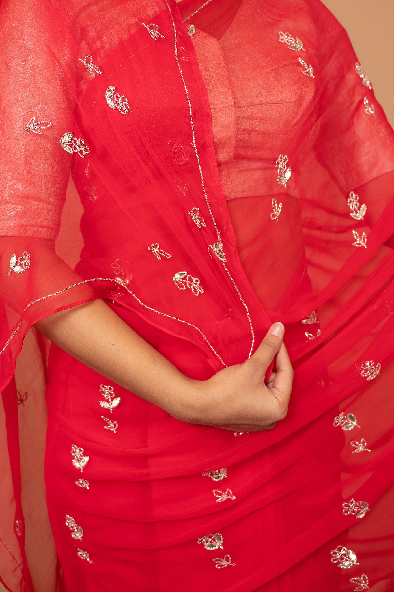 Red Viscose Chiffon Gottapati butti handwork daily wear saree