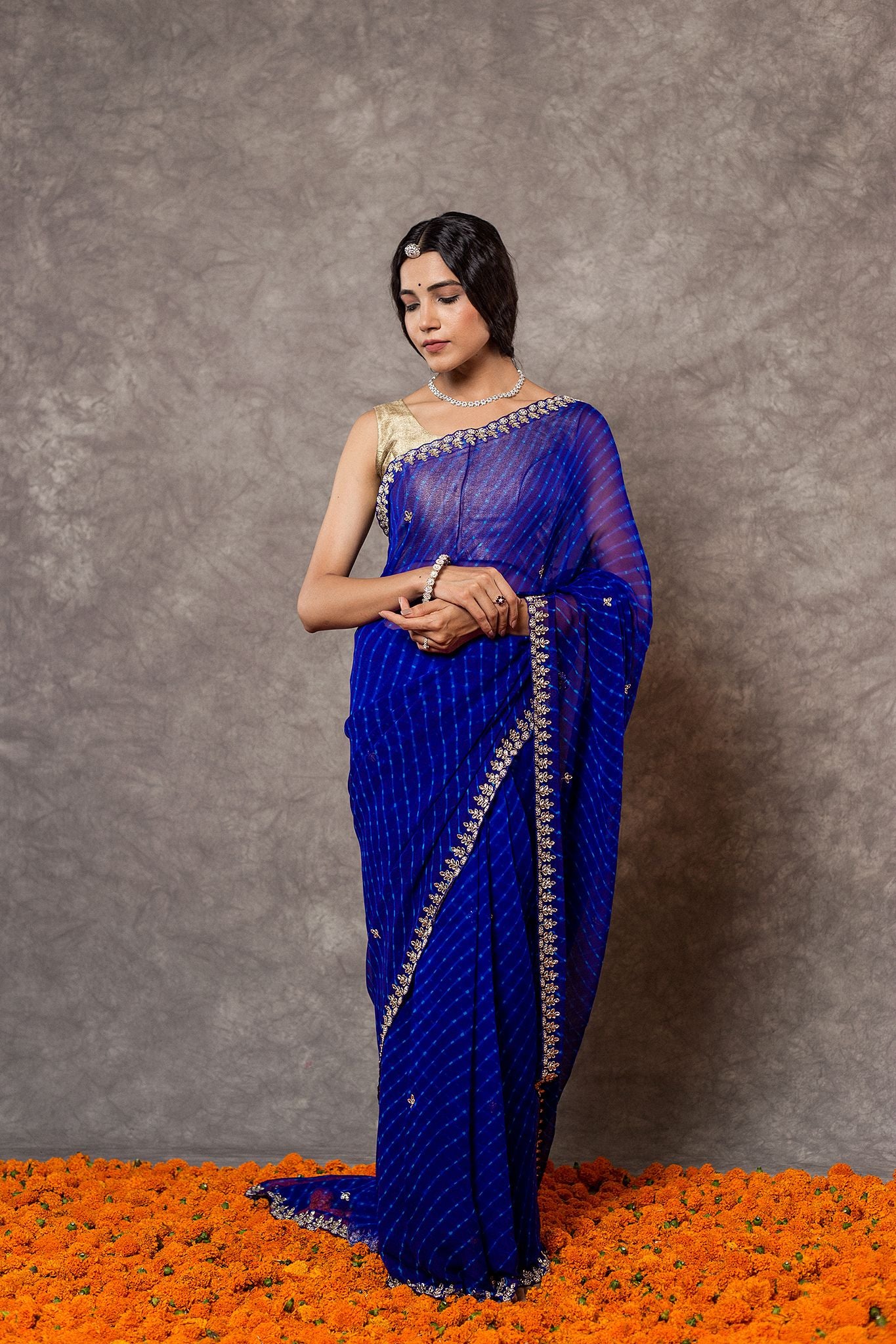 Blue Lehariya Pure Georgette 20 Gsm Kardana sequins border butti handwork traditional wear saree