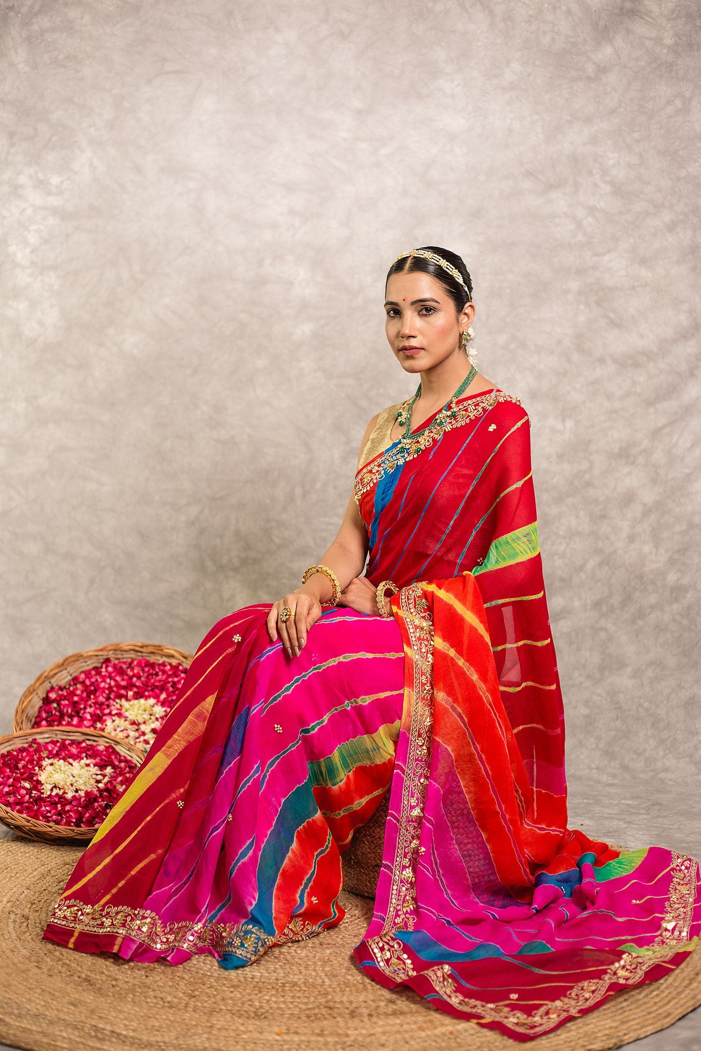 Multi lehariya Pure Georgette 20 Gsm Gotta Pati border butti handwork traditional wear saree