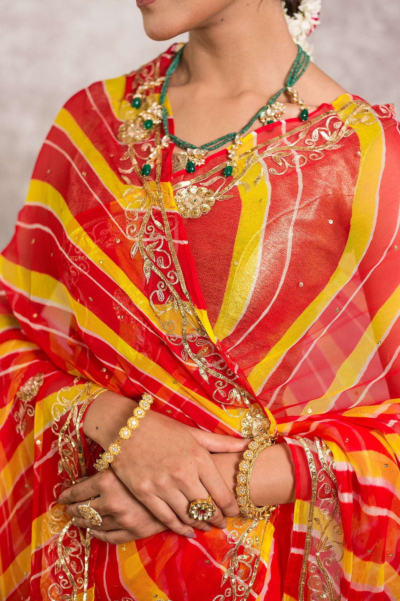 Orange lehariya Pure Georgette 20 Gsm aari sequins border butti handwork traditional wear saree