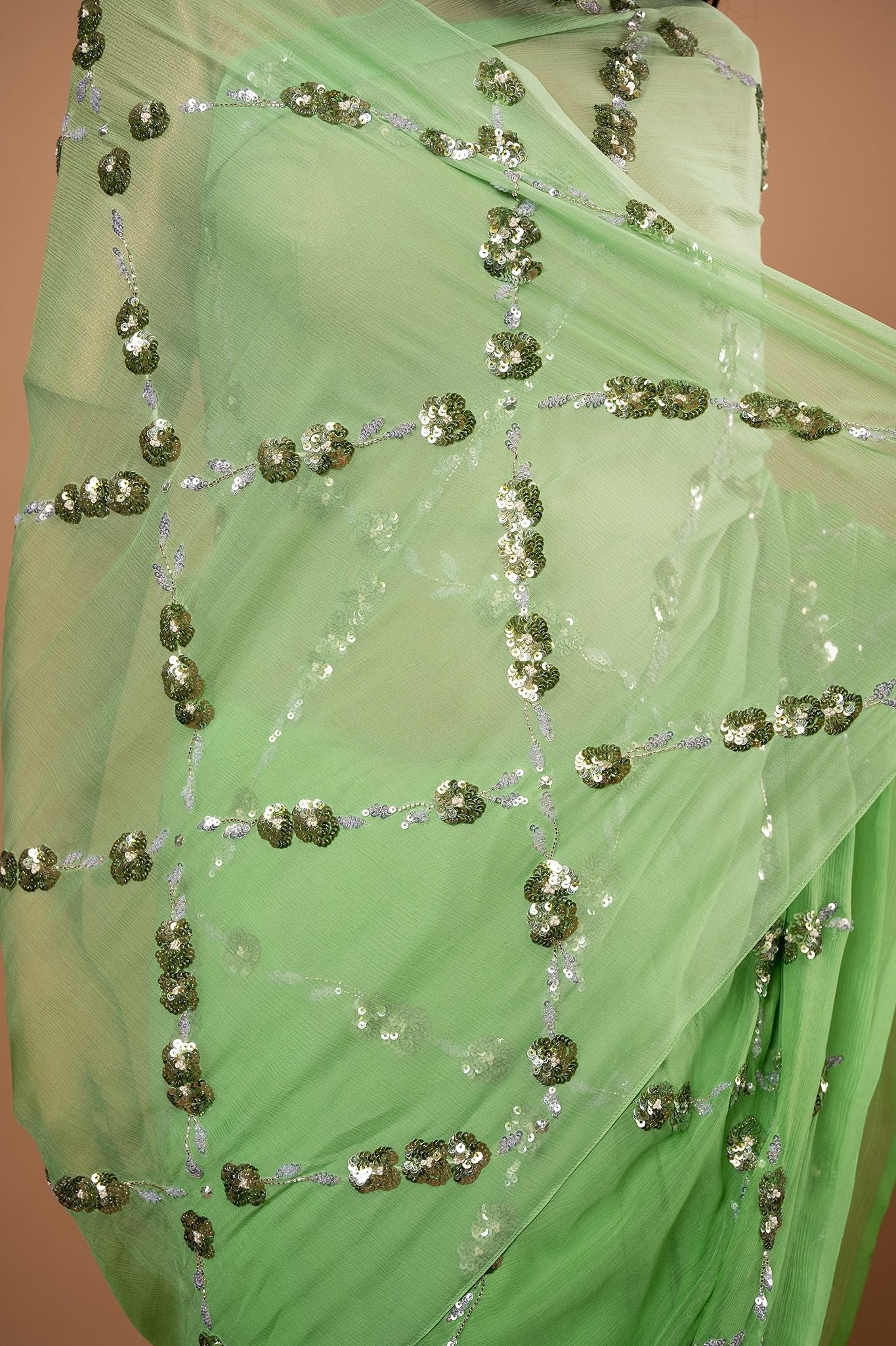 parrot green light dark pure chiffon sequins jaal handwork saree