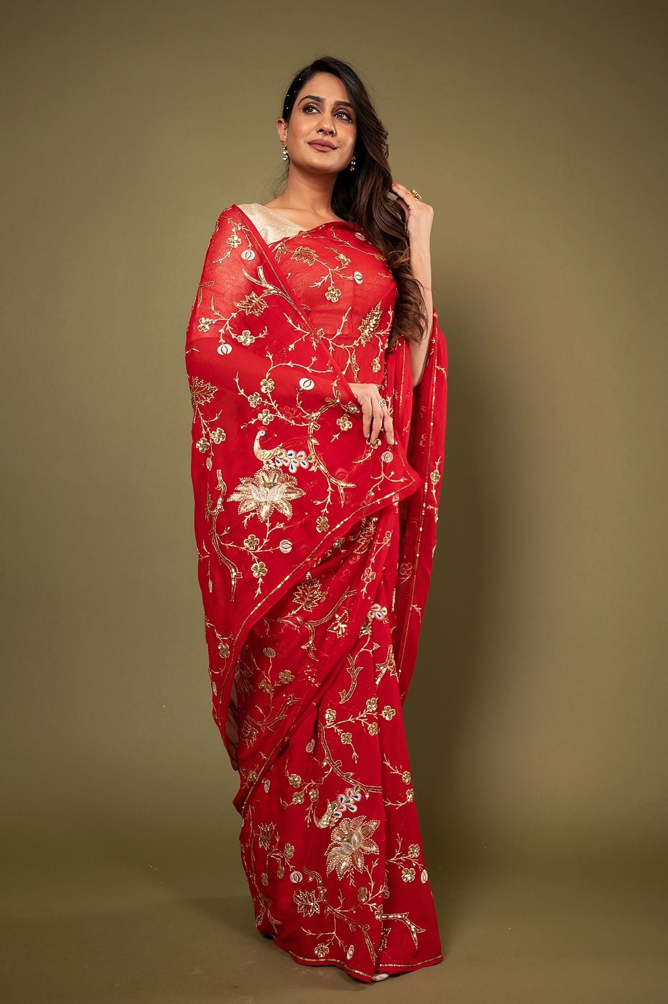 red pure chiffon aari sequins jaal handwork saree