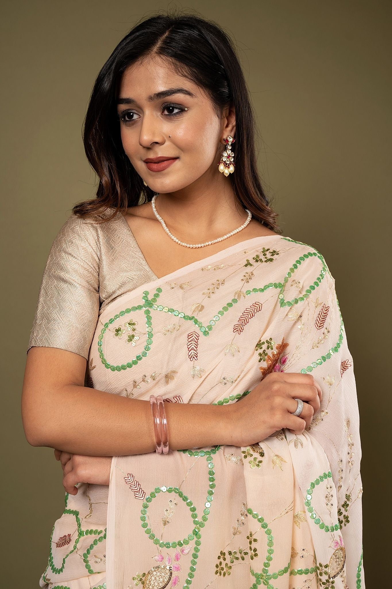 Cream Pure chiffon sequins aari resham jaal handwork saree