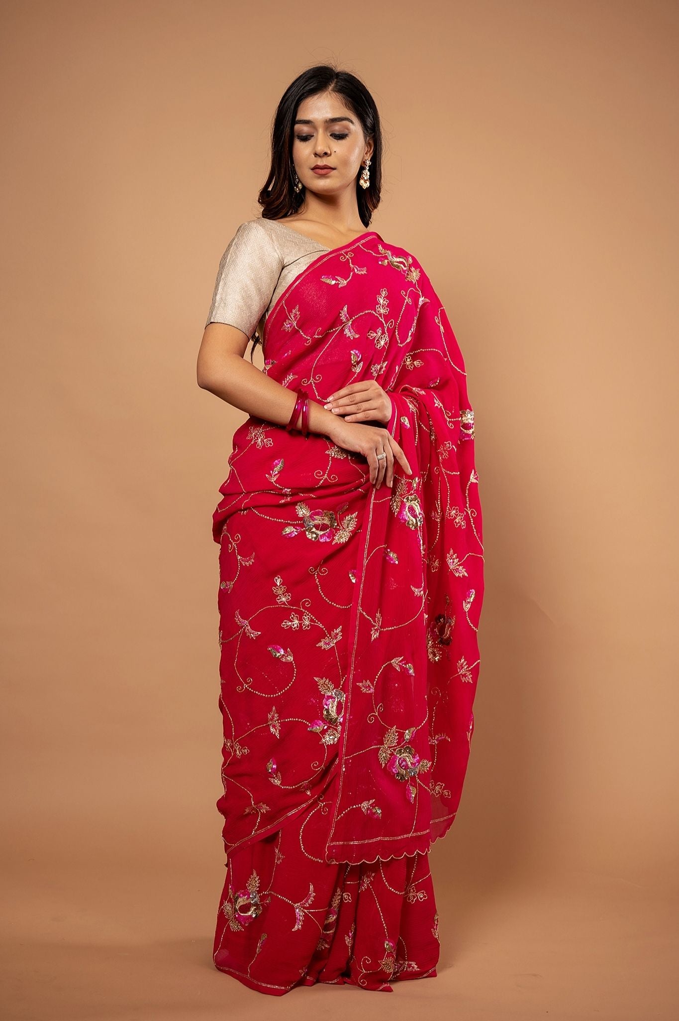 Red pure chiffon aari sequins zardozi jaal handwork saree