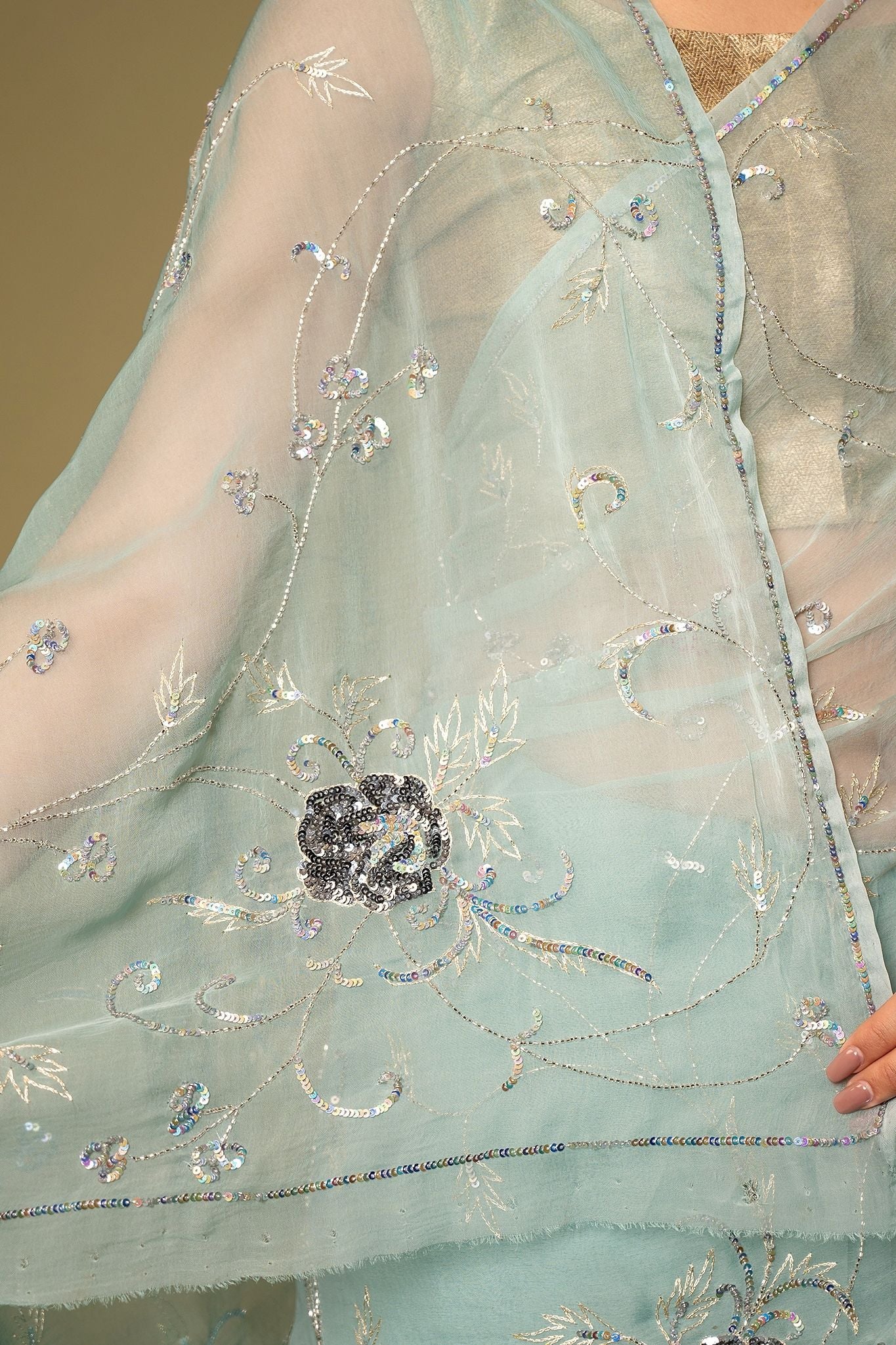 Sky Blue Viscose Chiffon Aari sequins Jaal handwork party wear Saree