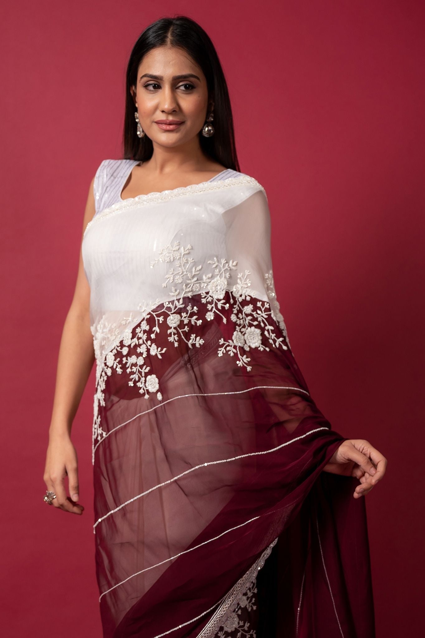 white wine organza pearl sequins handwork saree