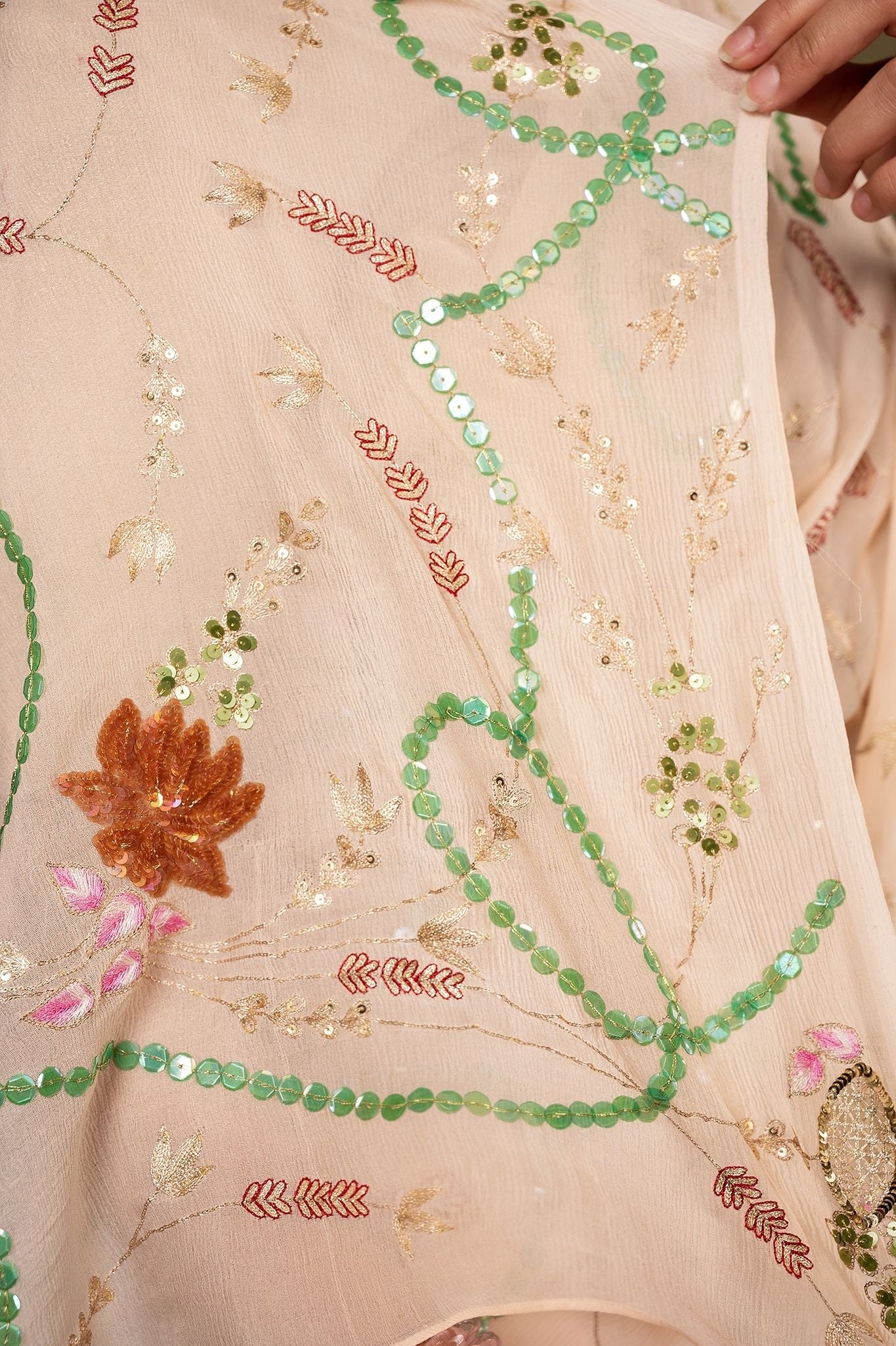 Cream Pure chiffon sequins aari resham jaal handwork saree