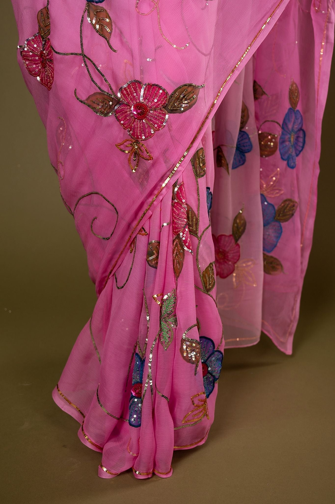 Pink light dark pure chiffon sequins resham handpainting highlight handwork saree