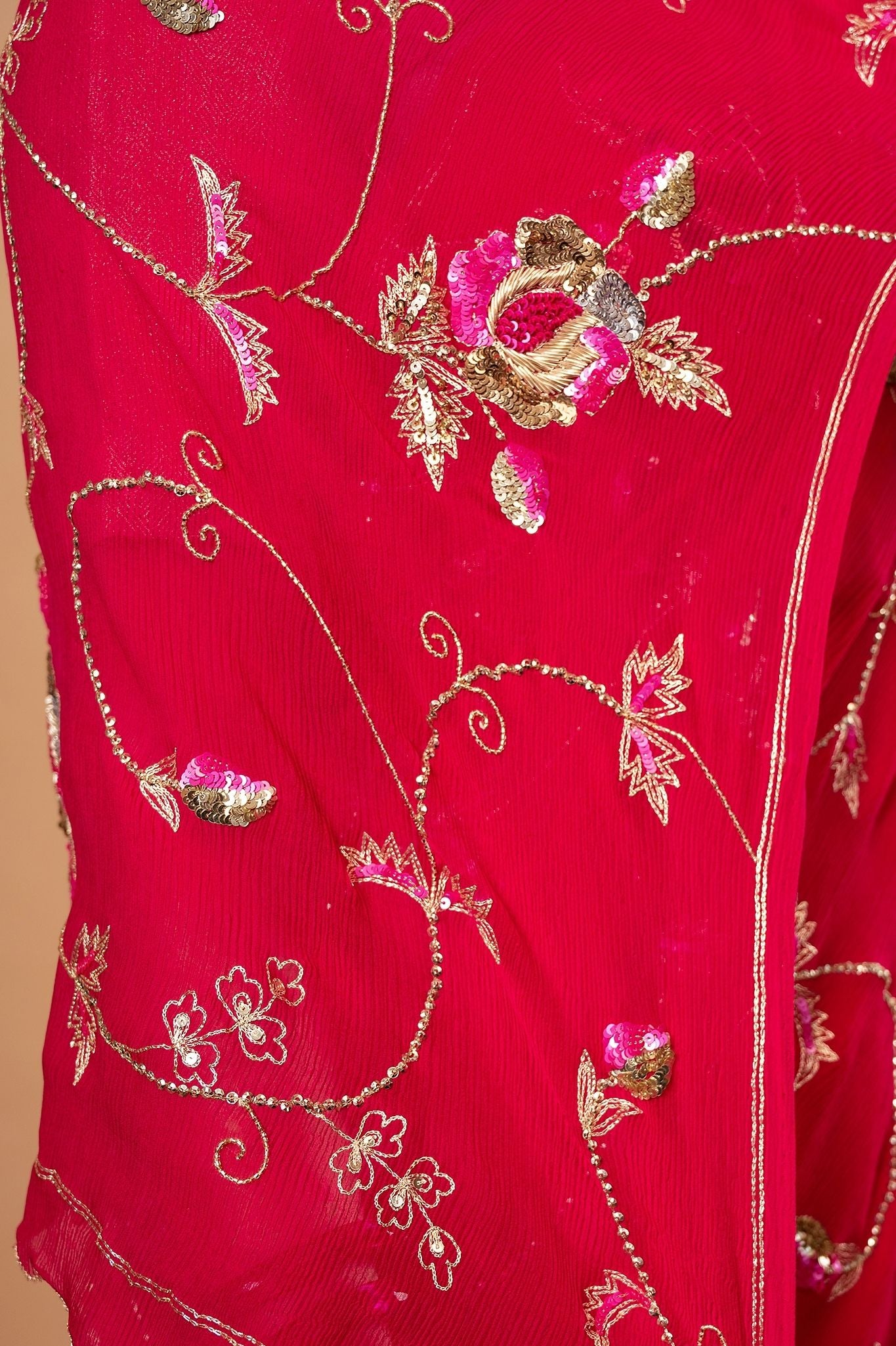 Red pure chiffon aari sequins zardozi jaal handwork saree