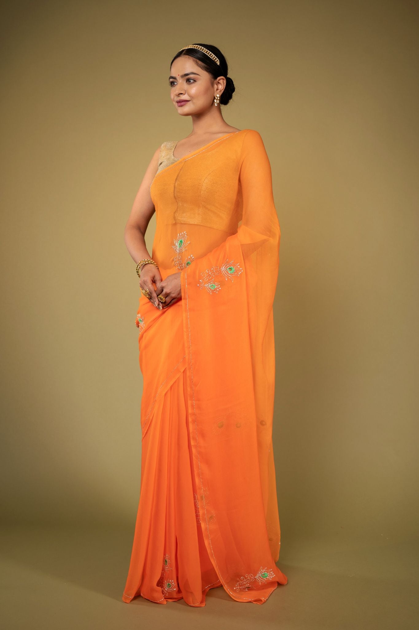 Orange viscose chiffon Kardana Resham Motif handwork casual wear saree