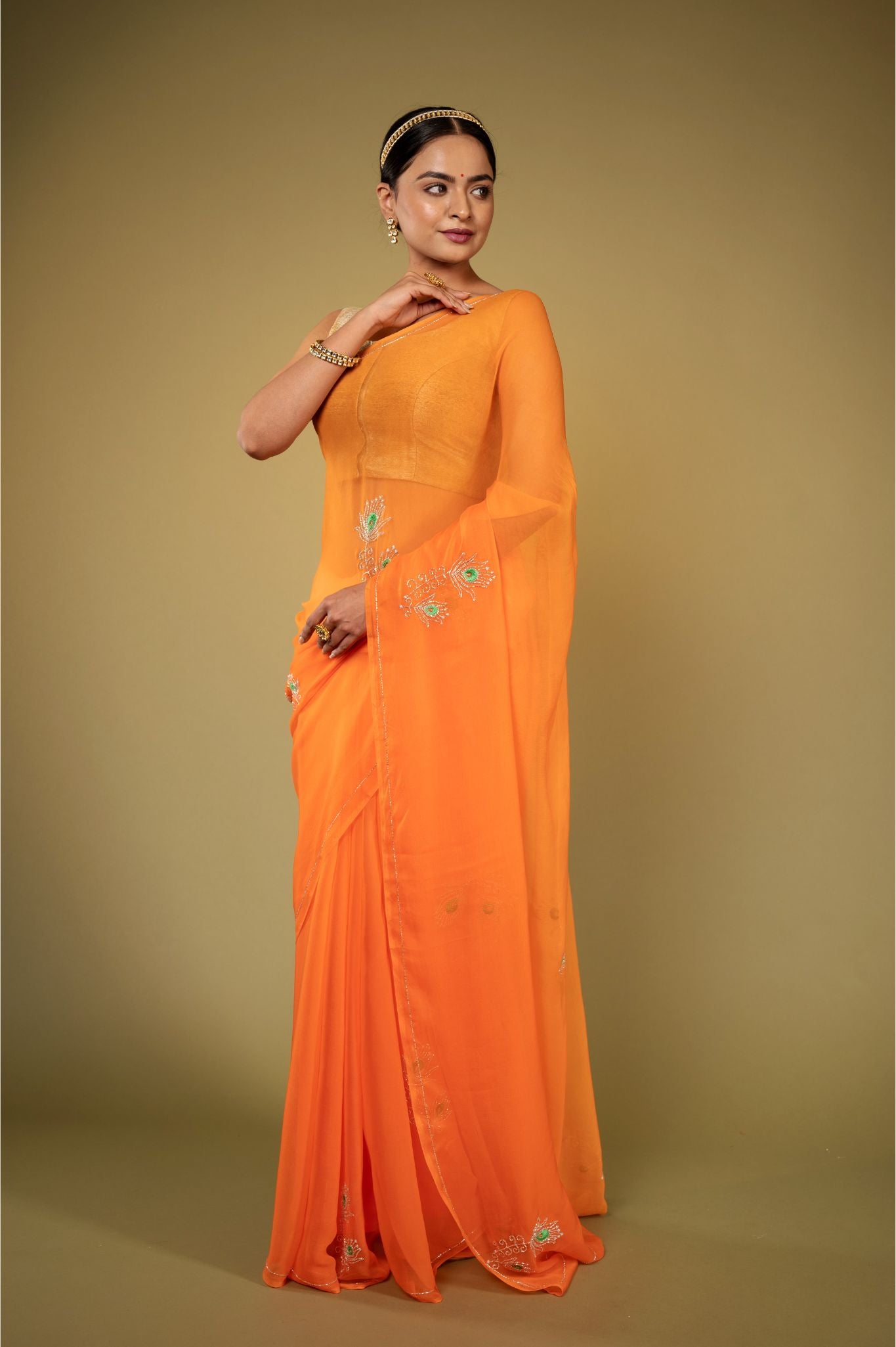 Orange viscose chiffon Kardana Resham Motif handwork casual wear saree