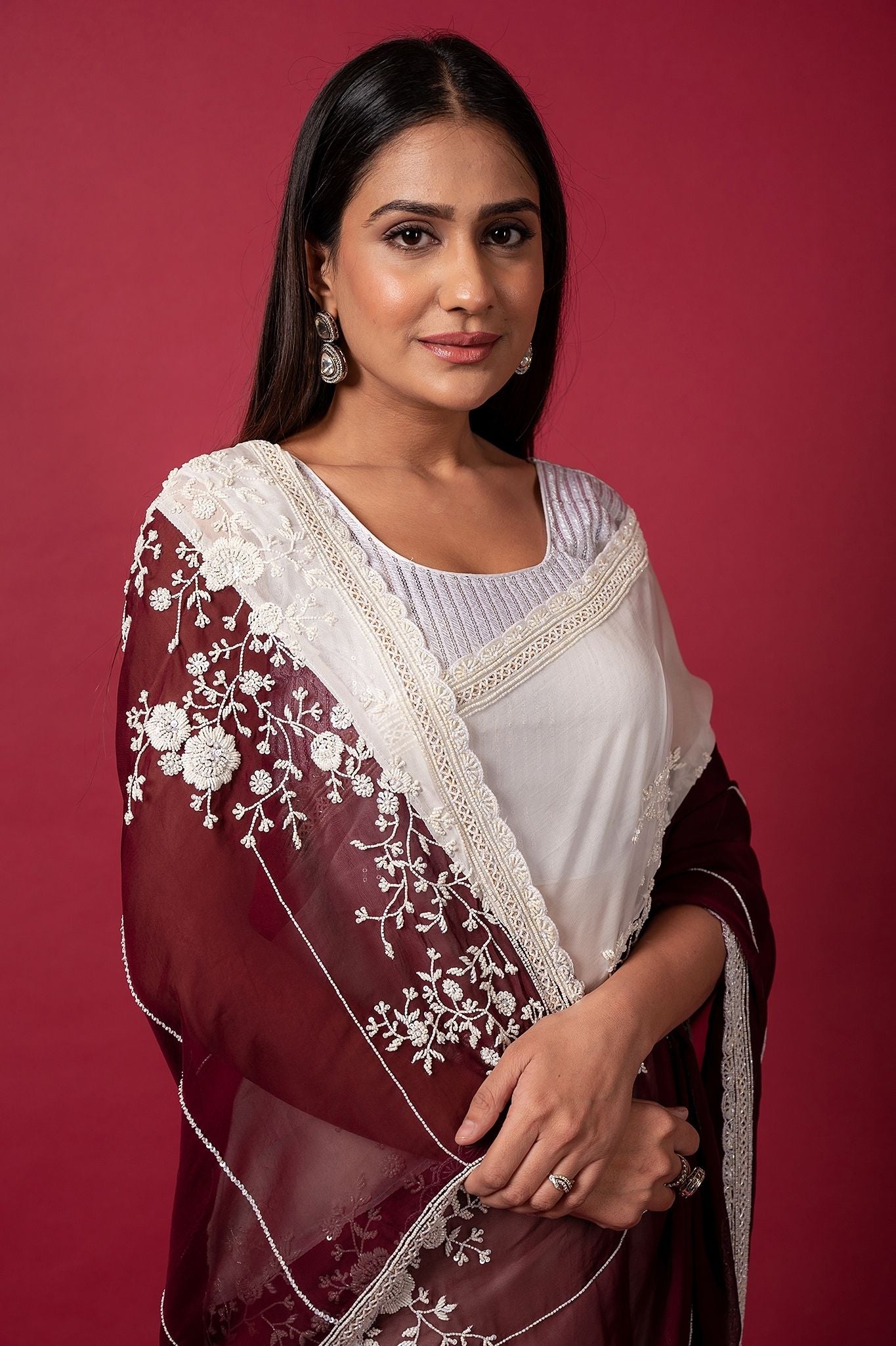 white wine organza pearl sequins handwork saree