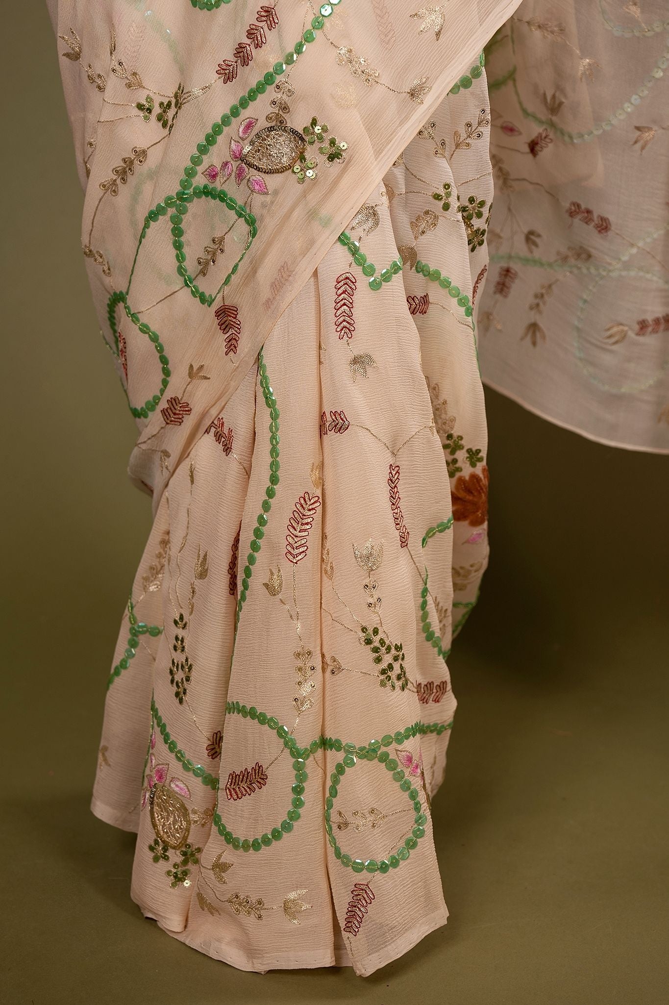 Cream Pure chiffon sequins aari resham jaal handwork saree