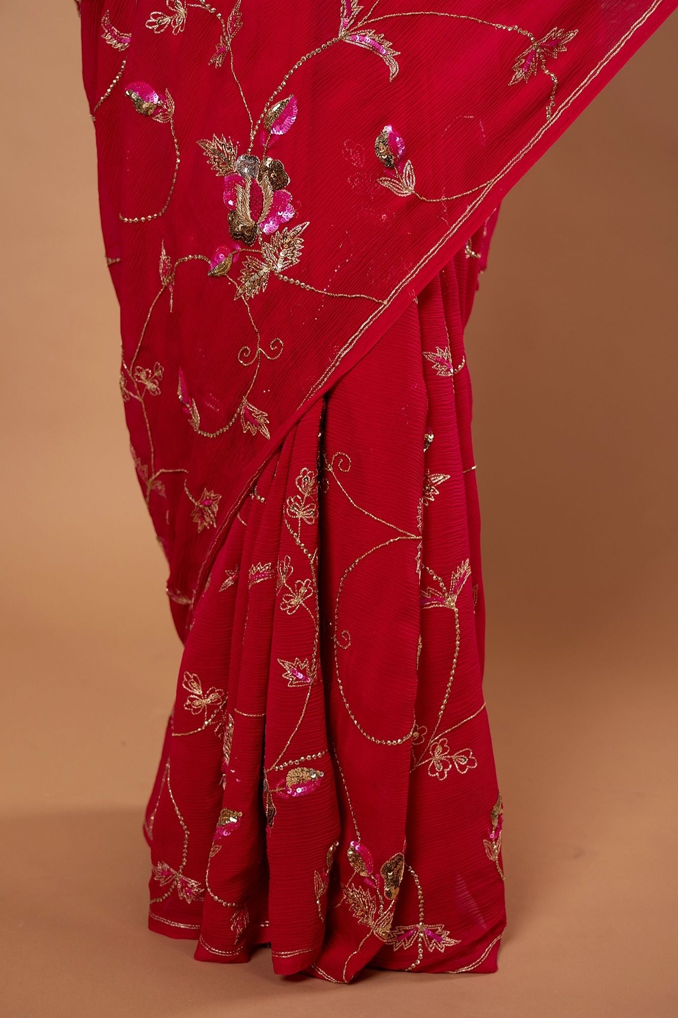 Red pure chiffon aari sequins zardozi jaal handwork saree