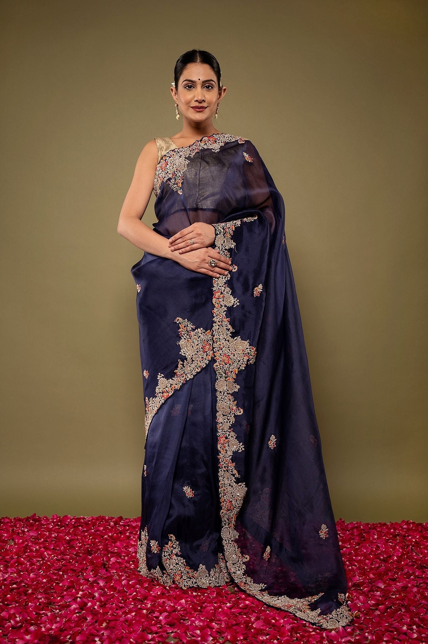 Royal Blue pure organza Dapka Marodi Zardozi border butti handwork saree