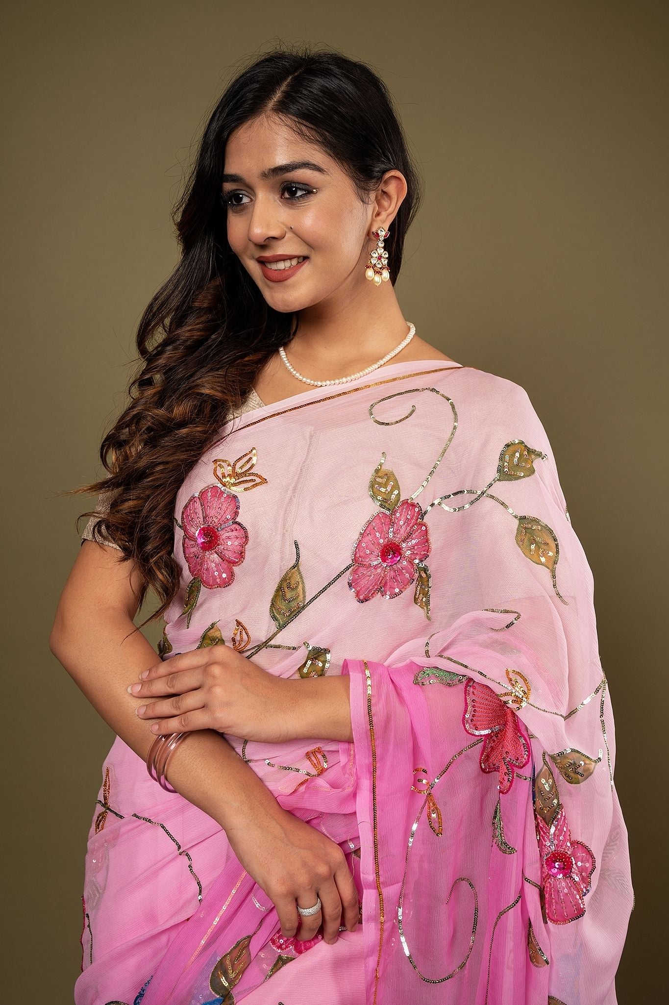 Pink light dark pure chiffon sequins resham handpainting highlight handwork saree