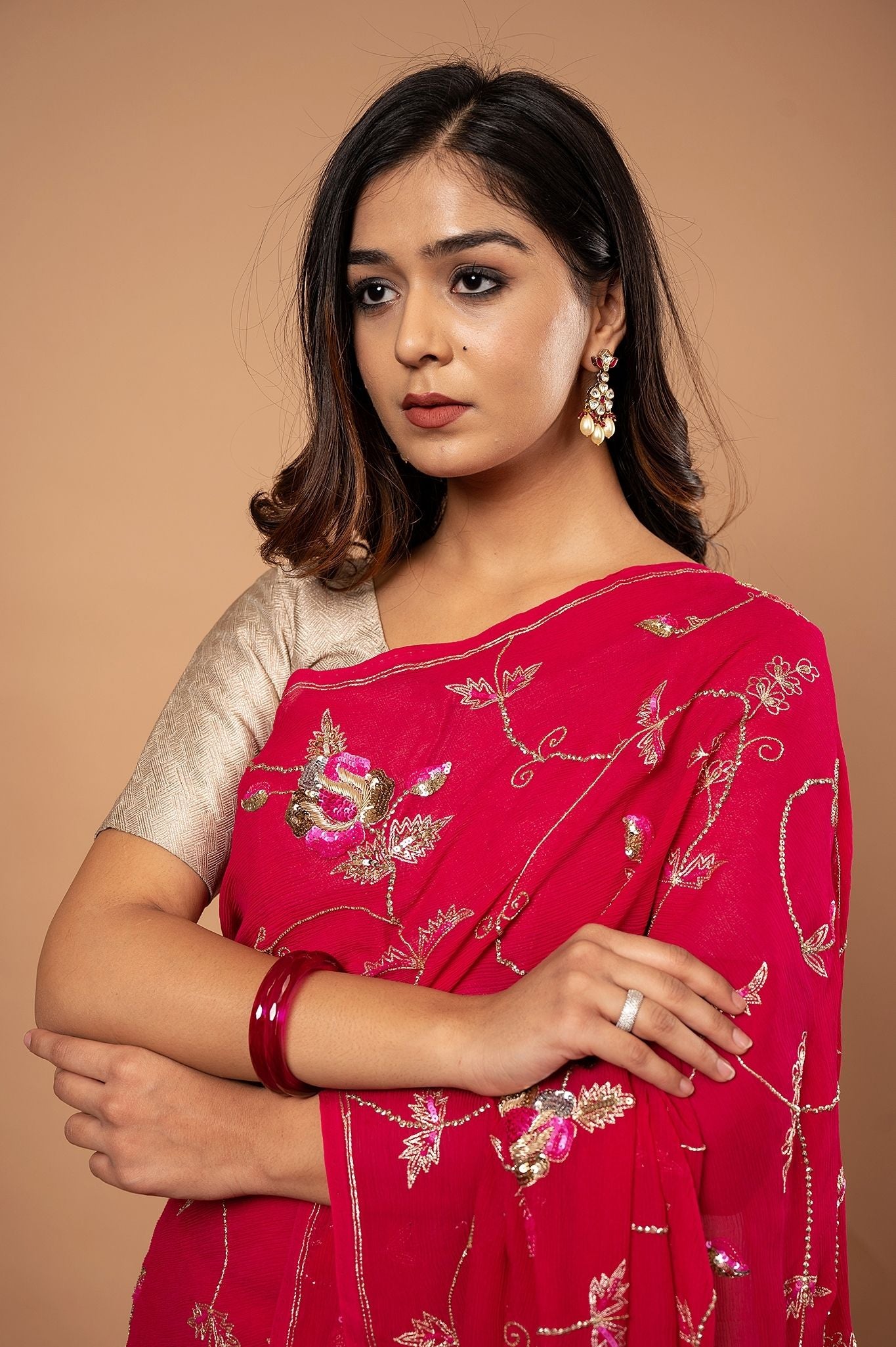 Red pure chiffon aari sequins zardozi jaal handwork saree