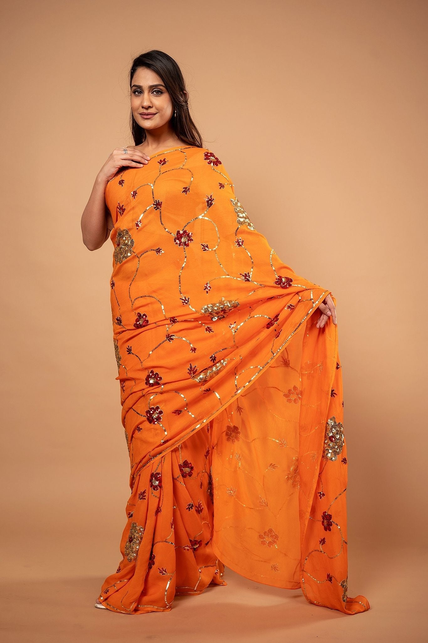 Orange pure chiffon sequins jaal handwork saree