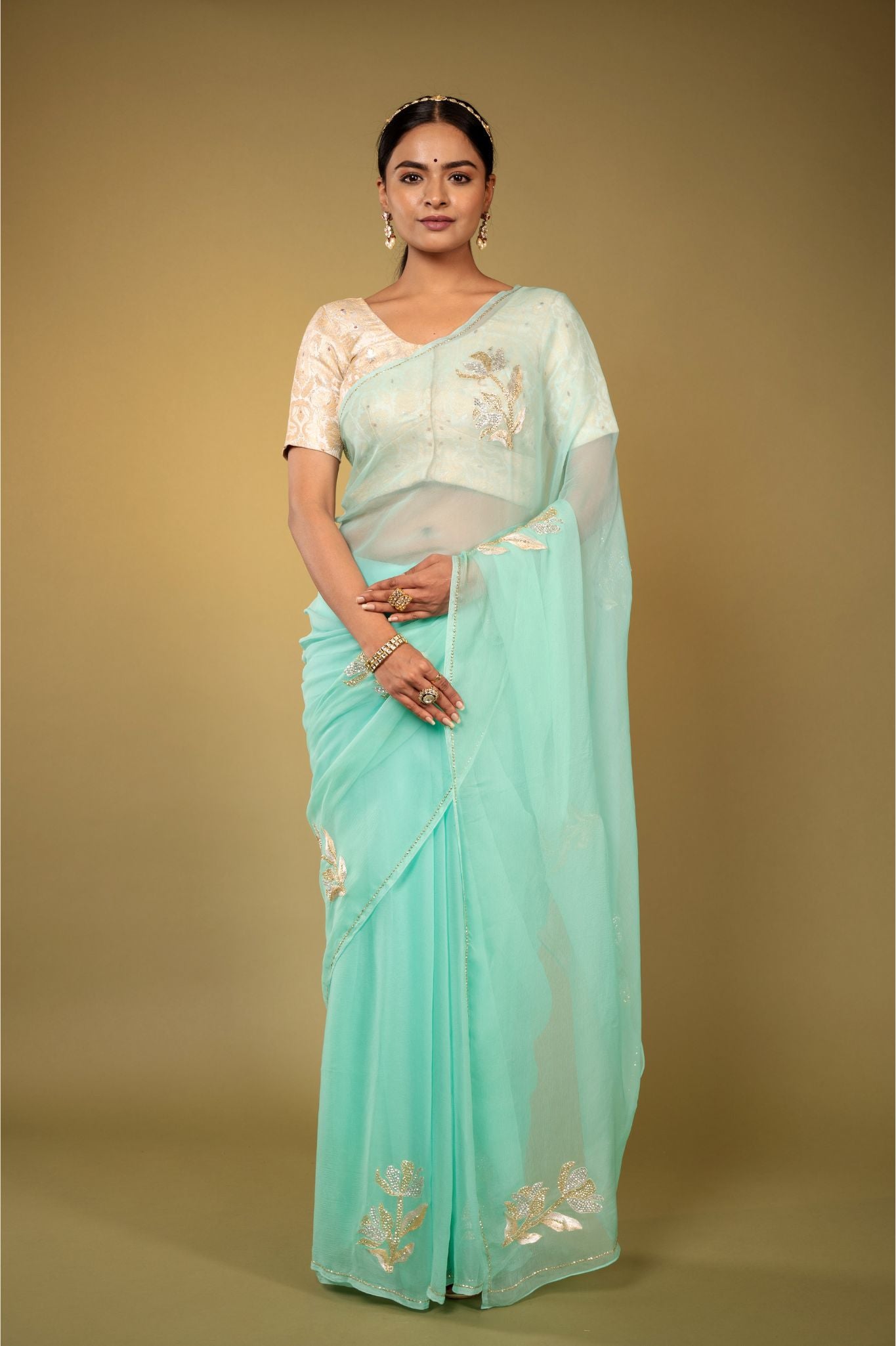 Sea Green Viscose Chiffon aari sequins motif handwork party wear saree