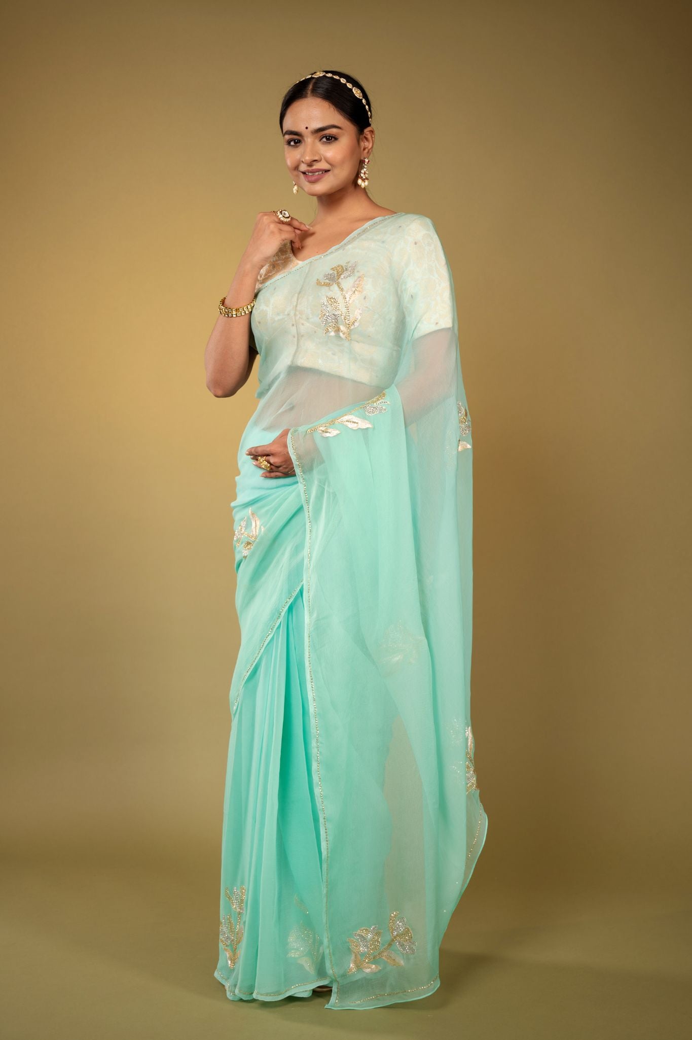 Sea Green Viscose Chiffon aari sequins motif handwork party wear saree