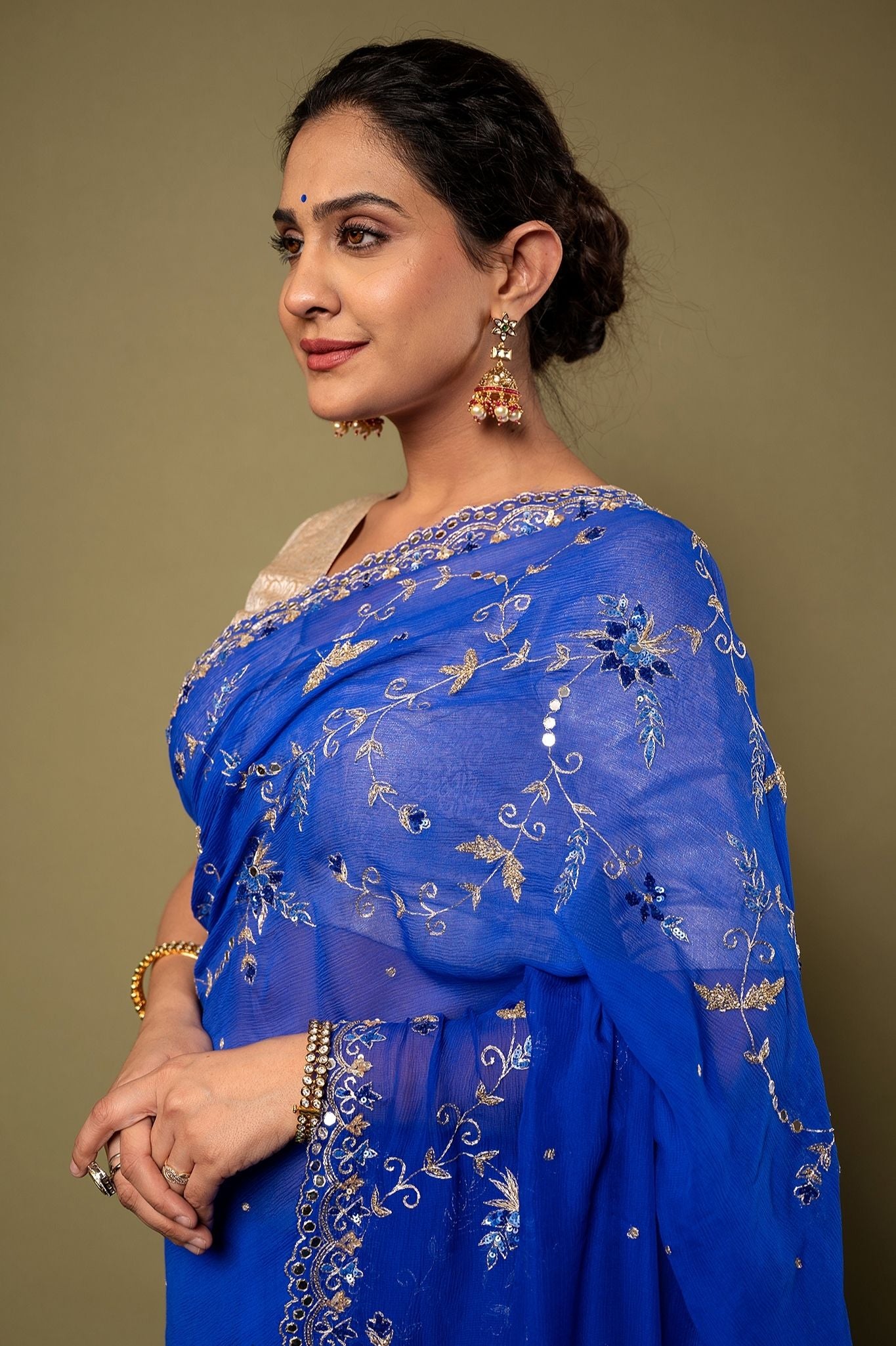 Royal Blue Viscose Chiffon Aari sequins border jaal handwork party wear Saree