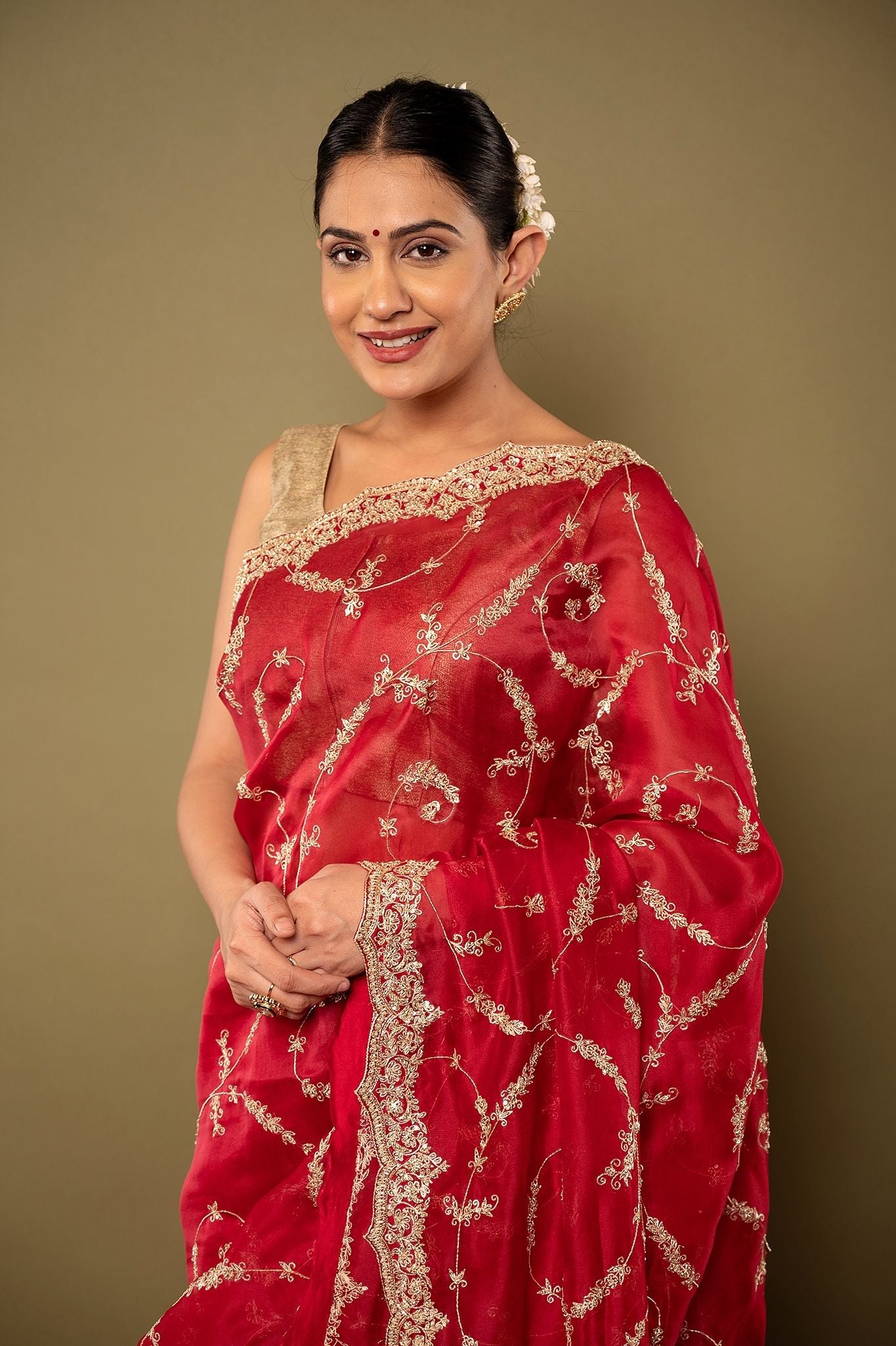 red pure organza Dapka Zardozi border butti jaal handwork saree