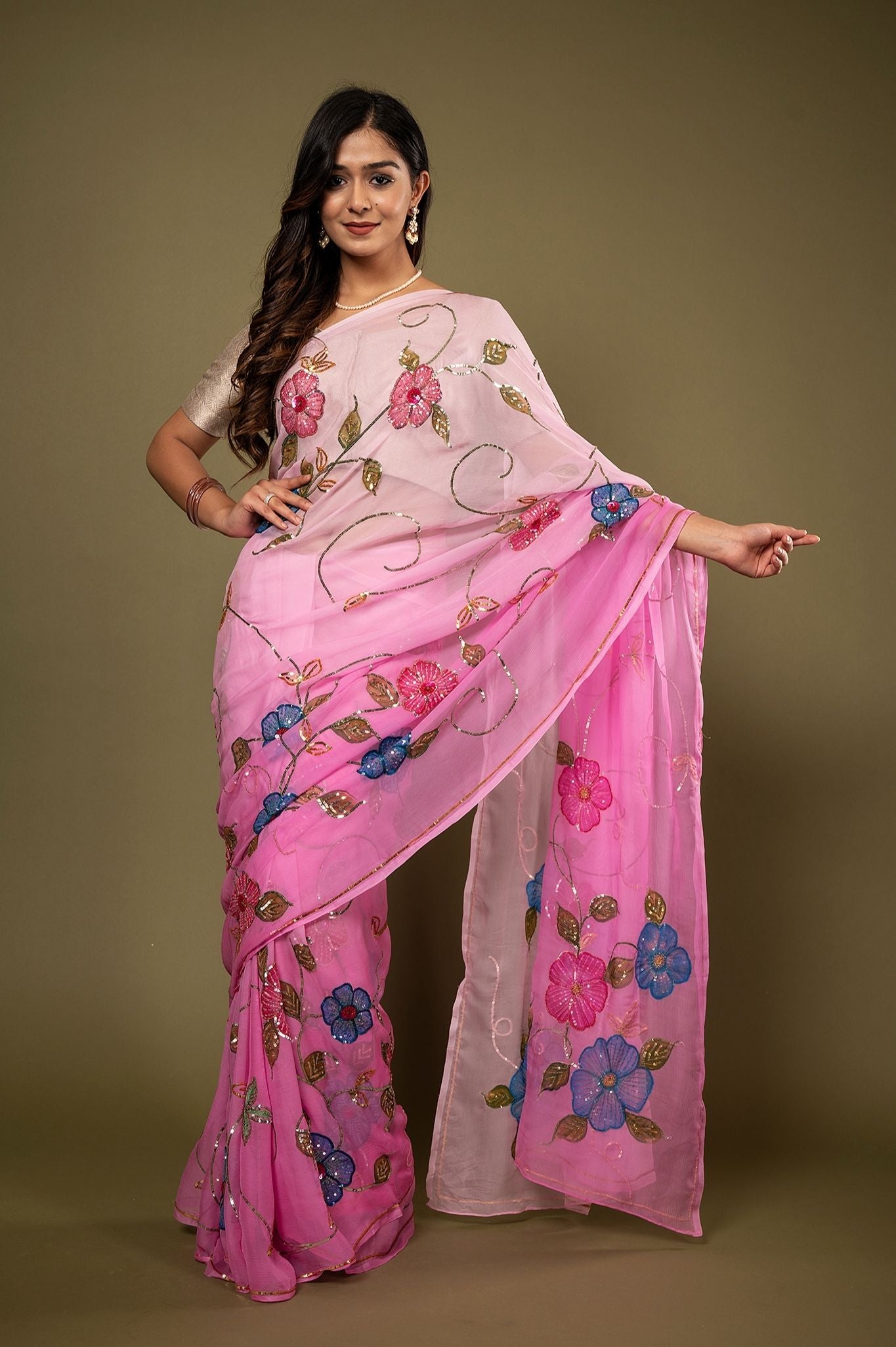Pink light dark pure chiffon sequins resham handpainting highlight handwork saree