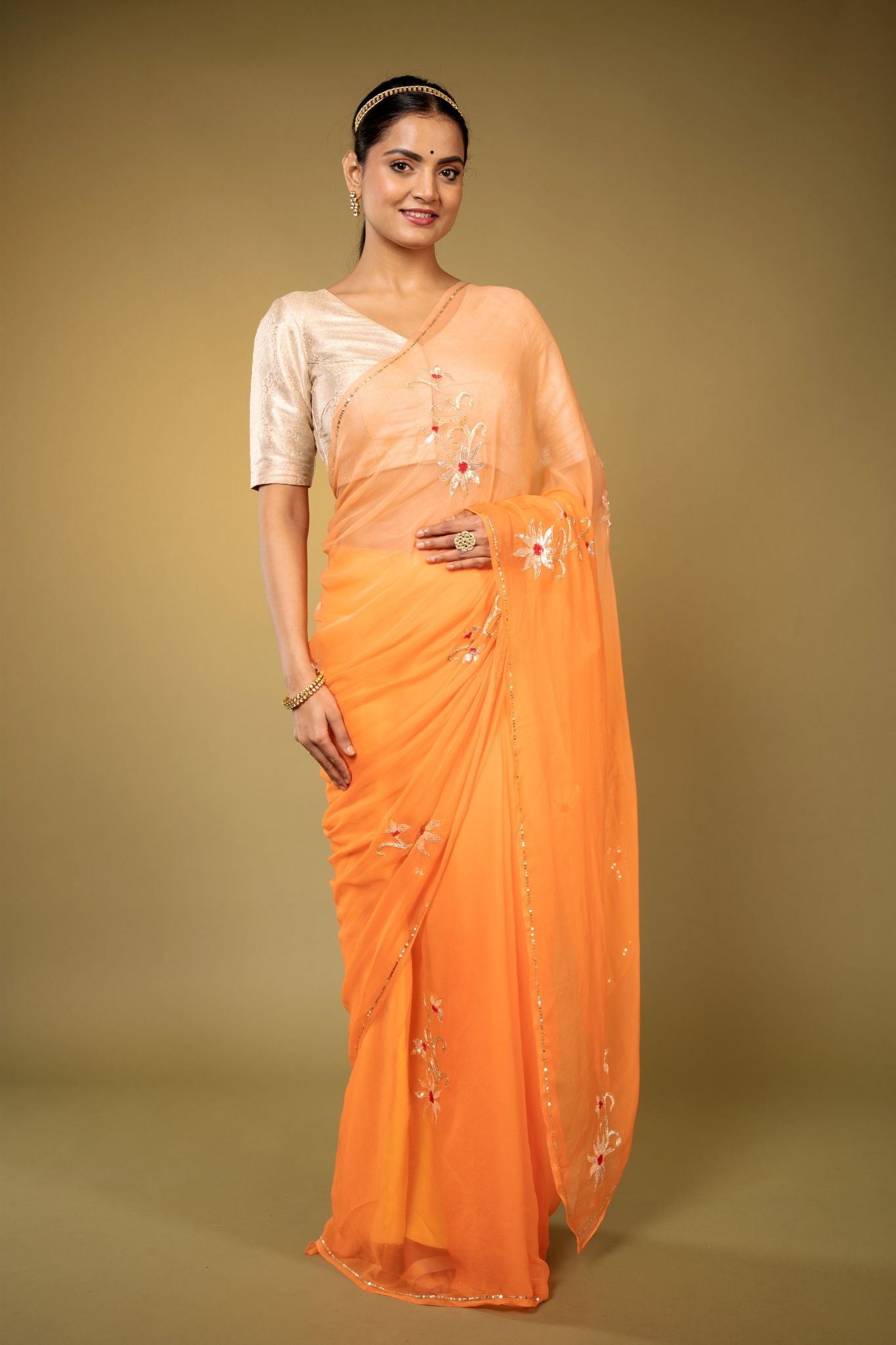 Peach viscose chiffon aari sequins motif handwork casual wear saree
