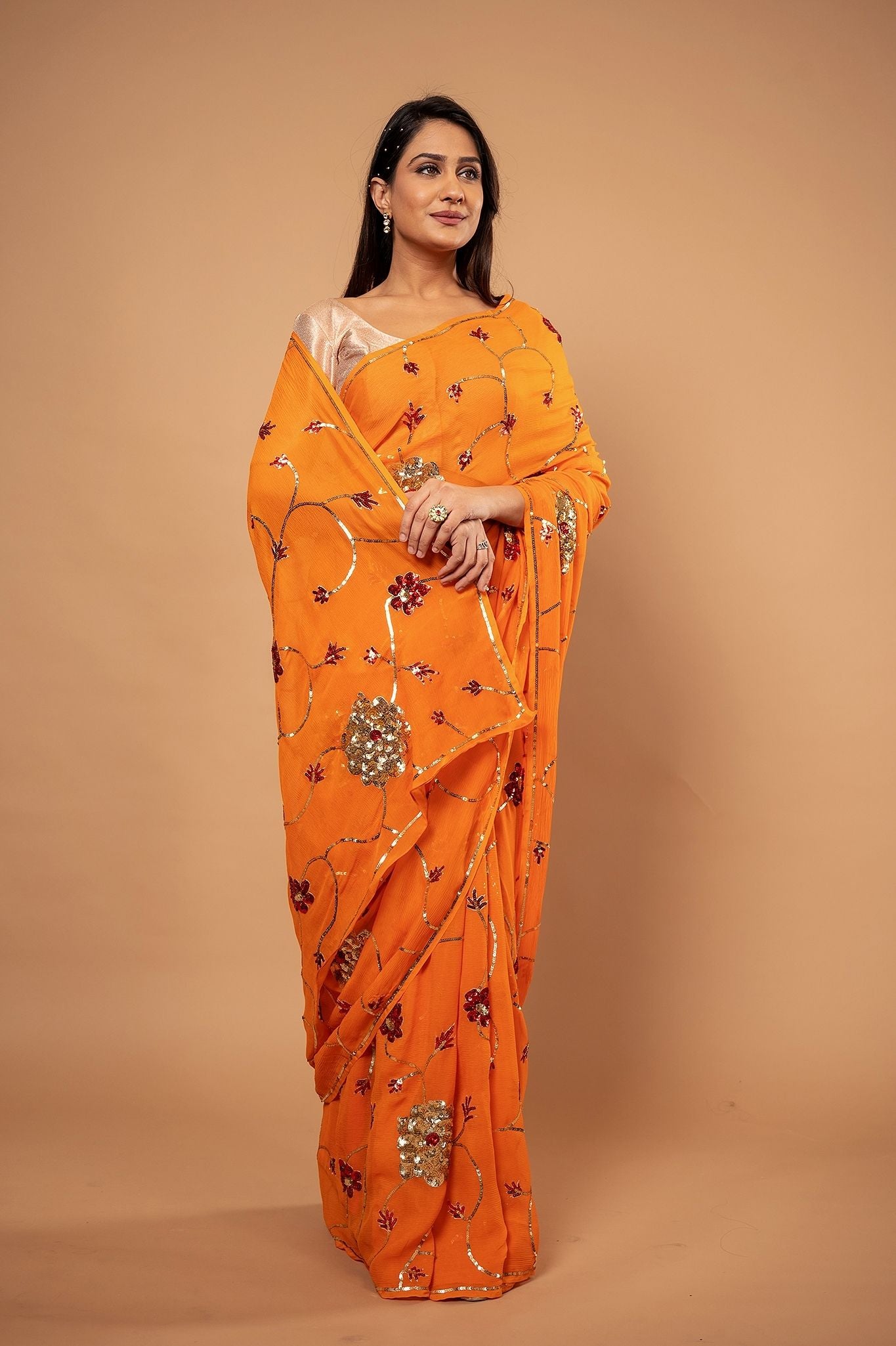 Orange pure chiffon sequins jaal handwork saree