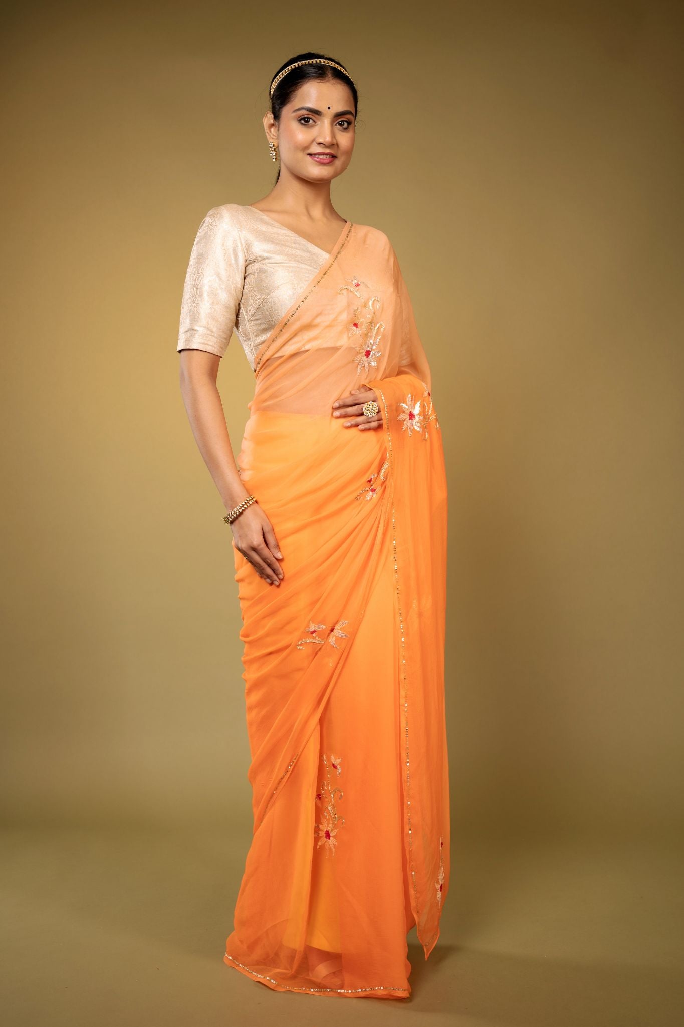 Peach viscose chiffon aari sequins motif handwork casual wear saree