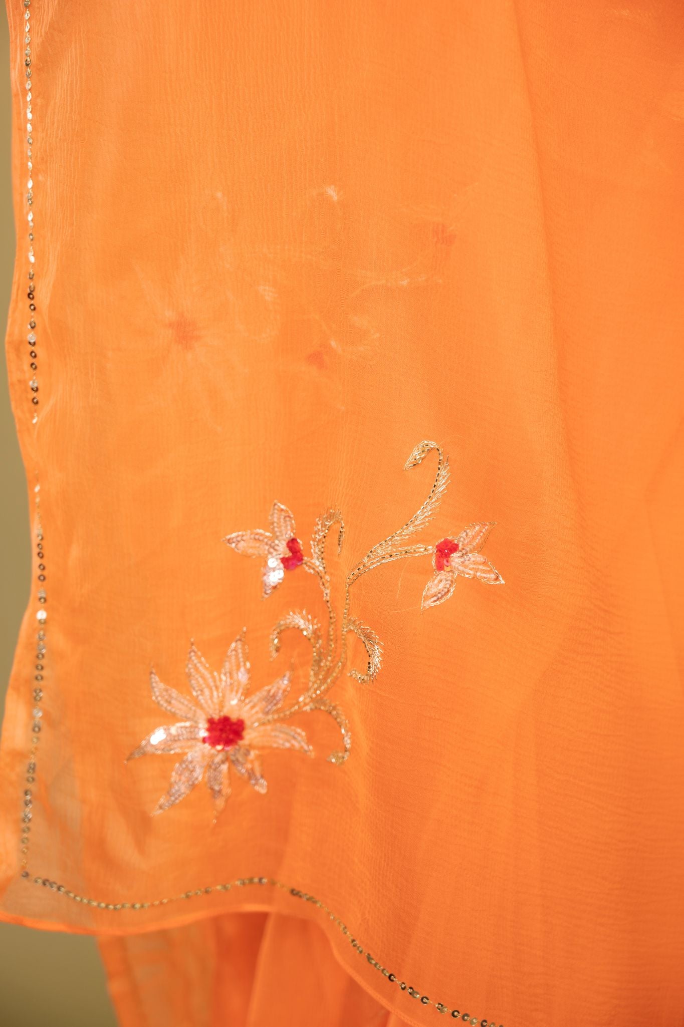 Peach viscose chiffon aari sequins motif handwork casual wear saree
