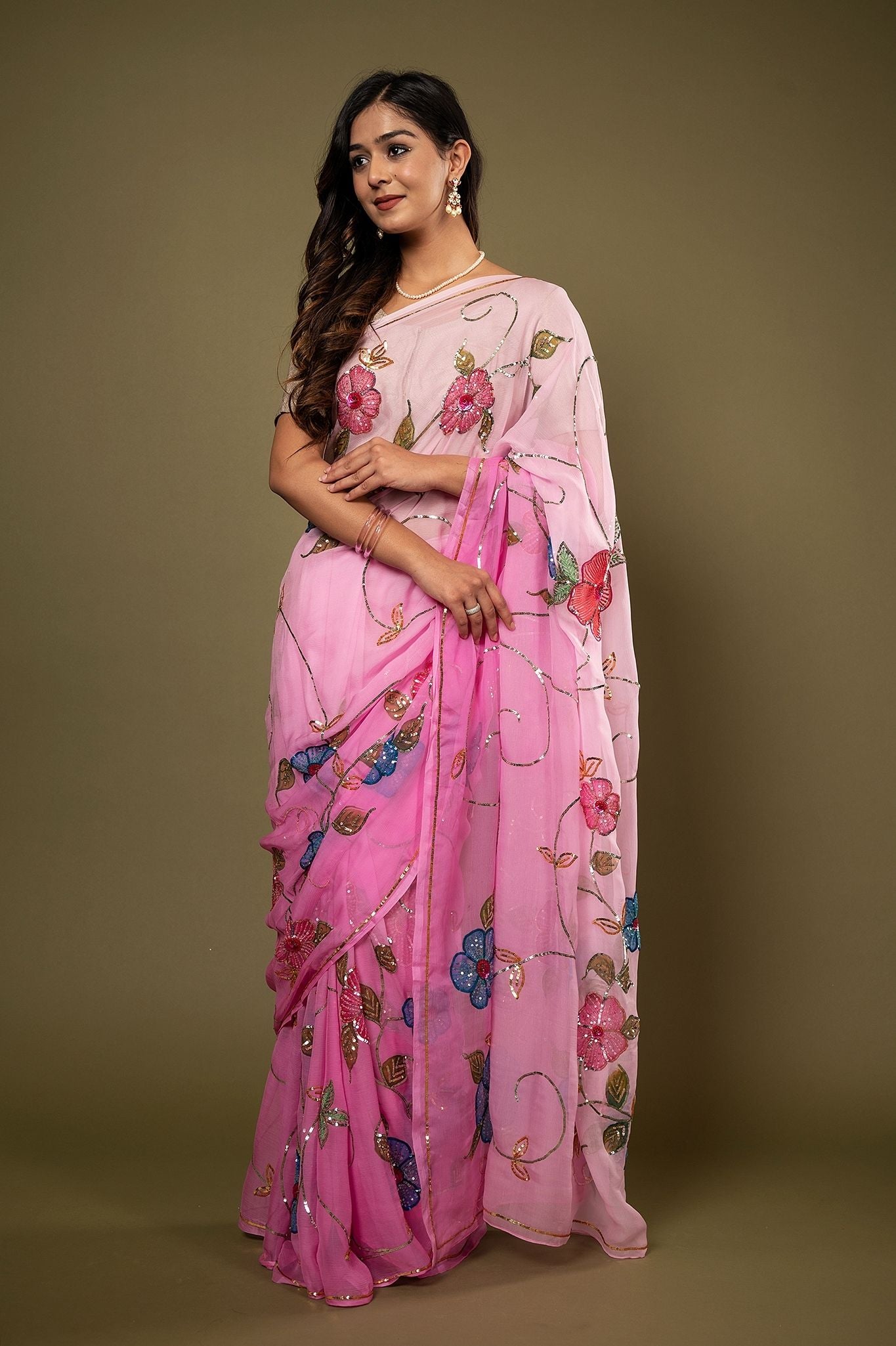 Pink light dark pure chiffon sequins resham handpainting highlight handwork saree