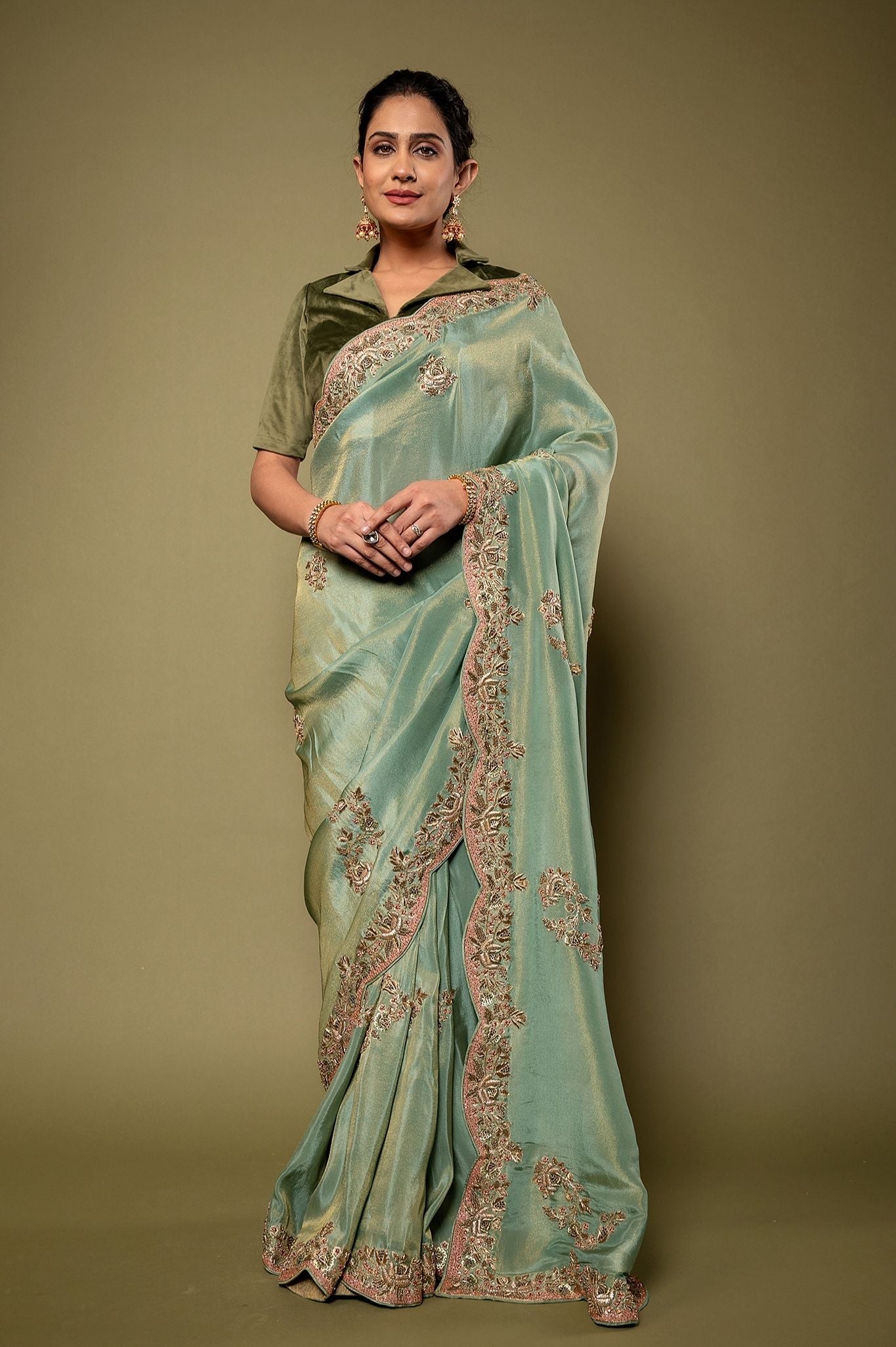 Green pure tissue Resham Zardozi border butti handwork saree