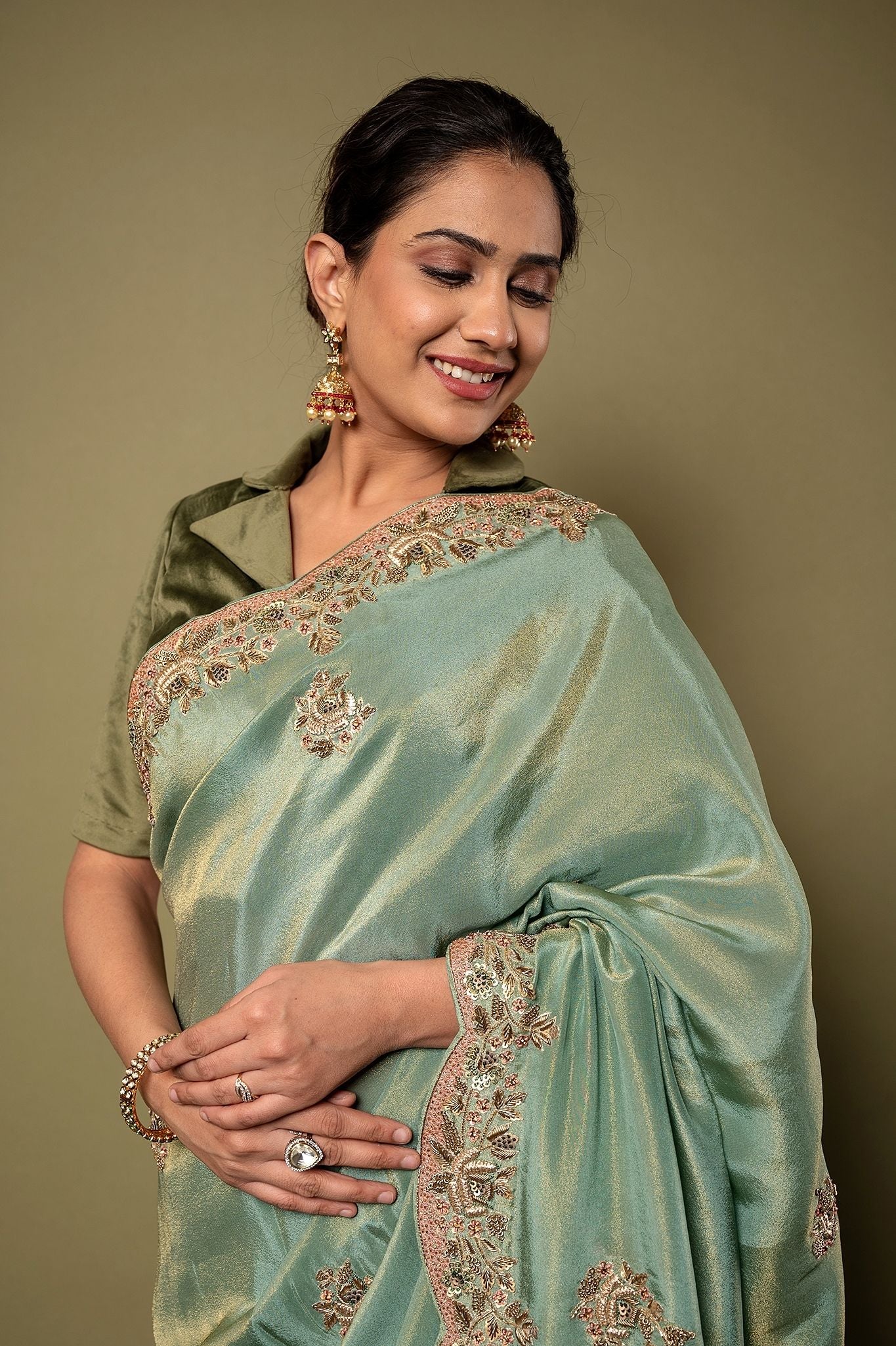 Green pure tissue Resham Zardozi border butti handwork saree