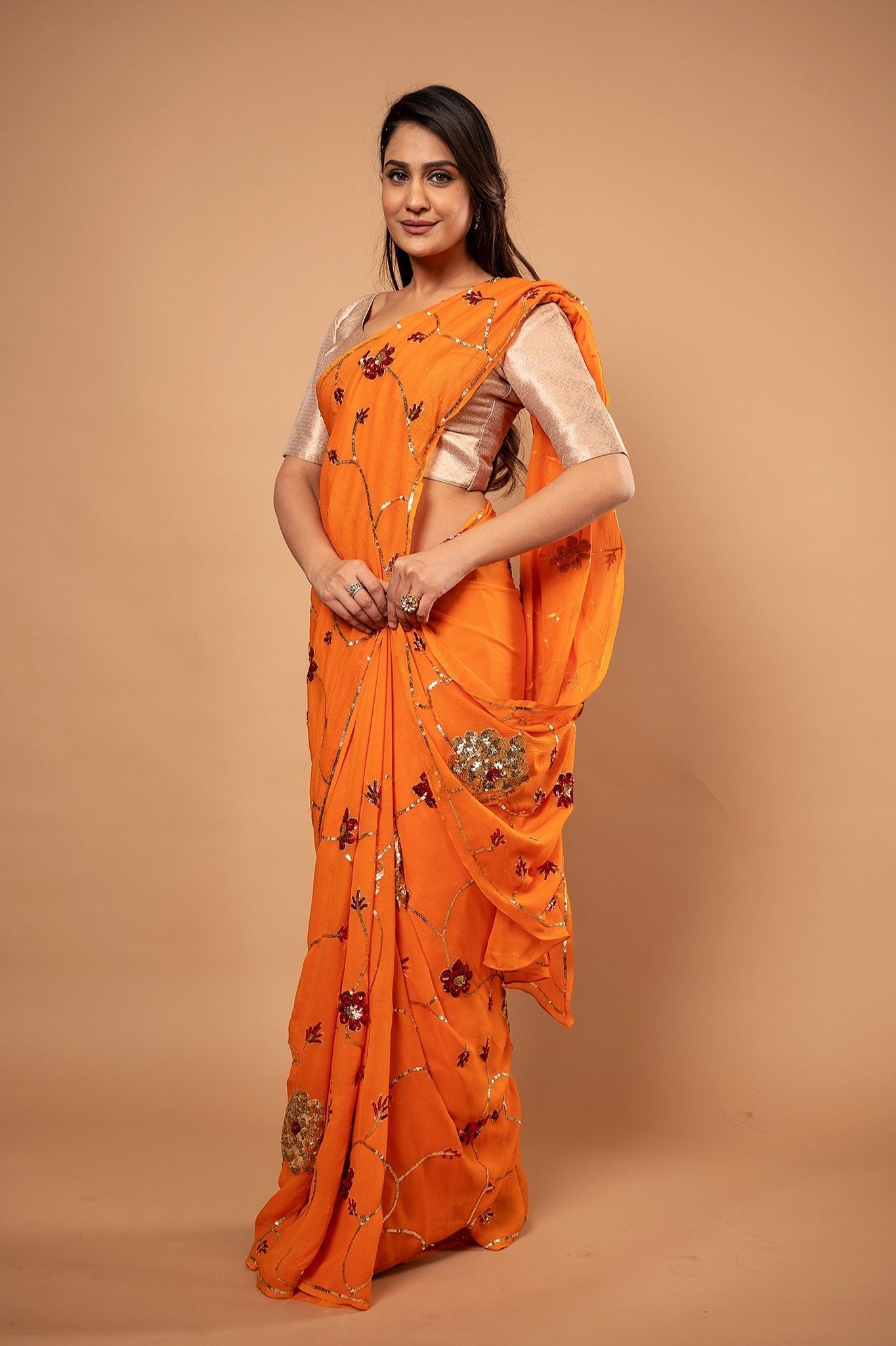 Orange pure chiffon sequins jaal handwork saree