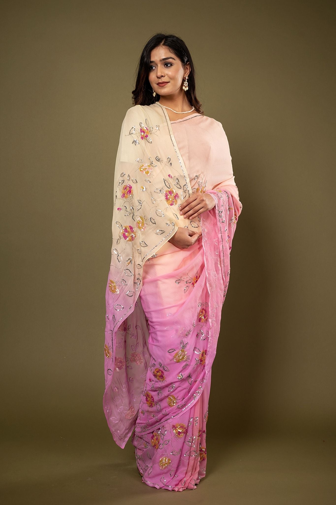 Pink Peach pure chiffon Sequins Butti handwork saree