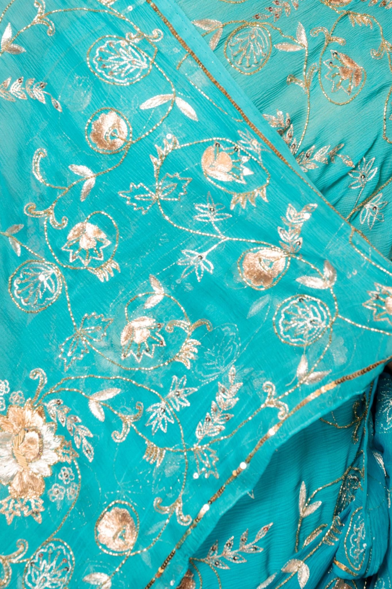 Firozi Light Dark pure chiffon aari sequins jaal handwork saree