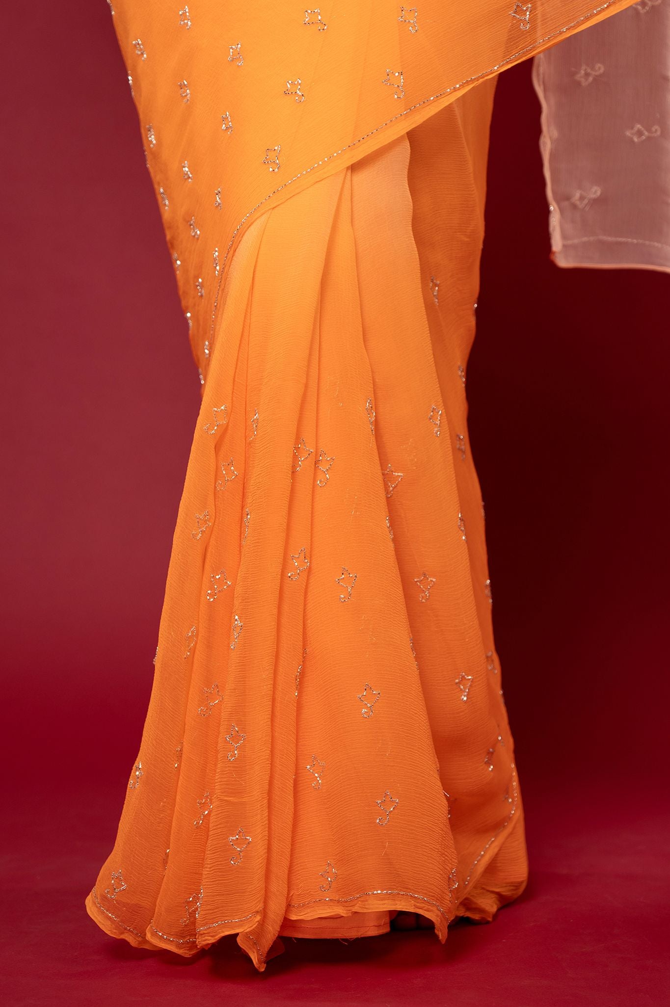 Peach light dark viscose chiffon kardana motif handwork casual wear saree