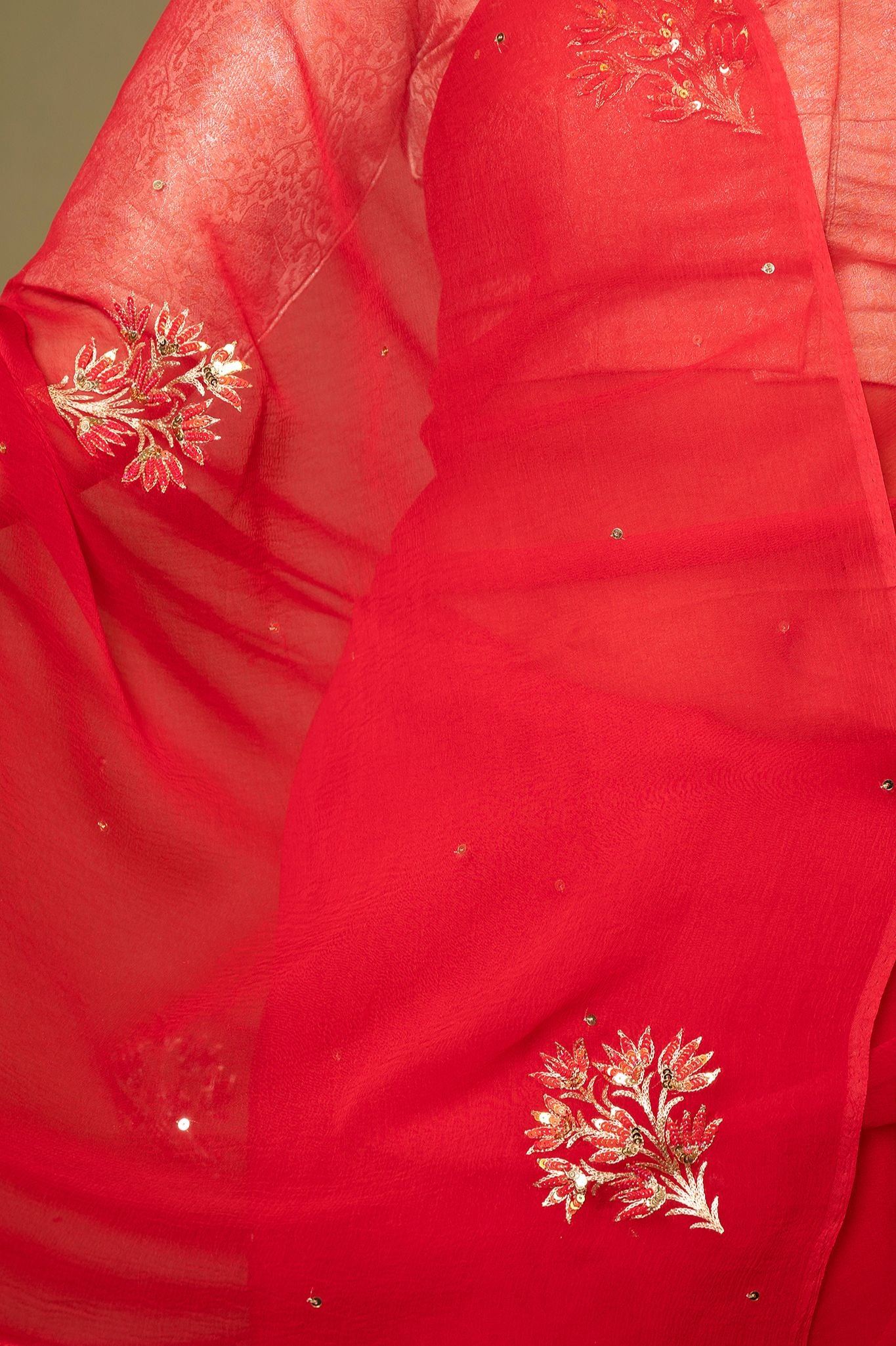 Red viscose chiffon aari sequins motif handwork casual wear saree