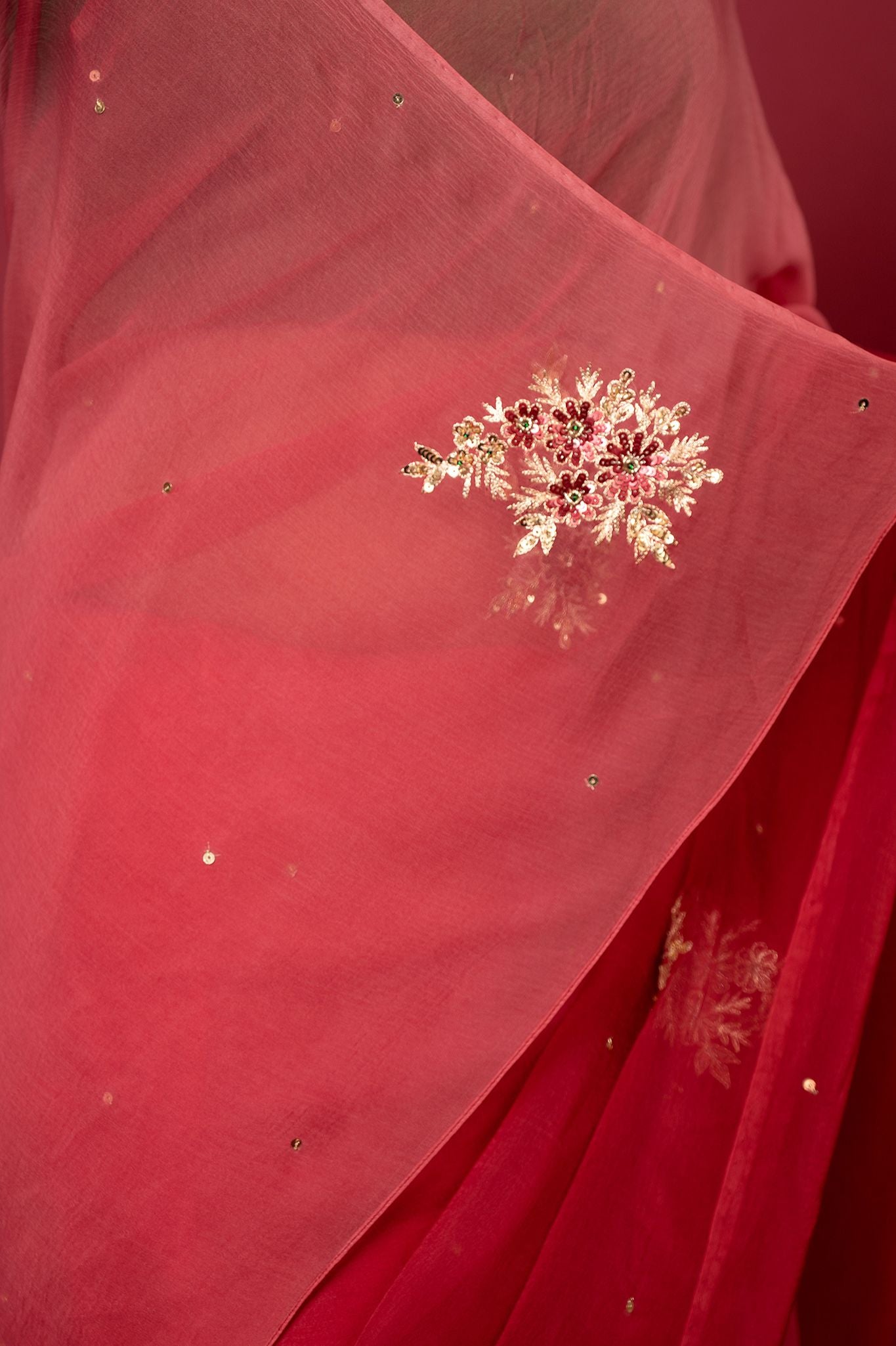 Maroon light dark viscose chiffon aari sequins motif handwork casual wear saree