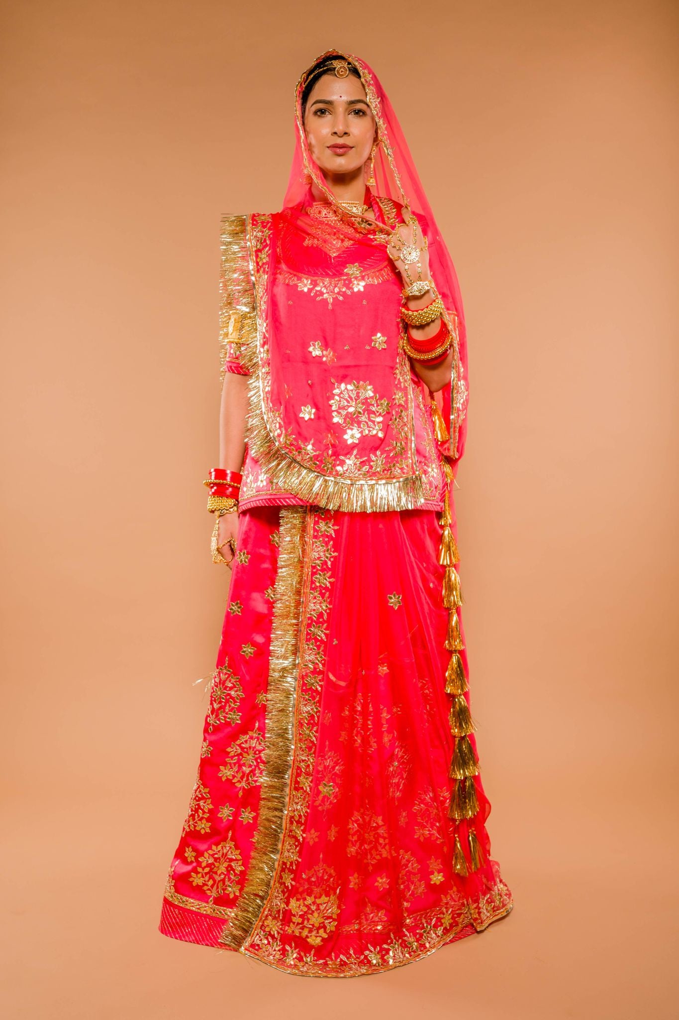 Rani bamber satin gota patti handwork poshak with pure odhna