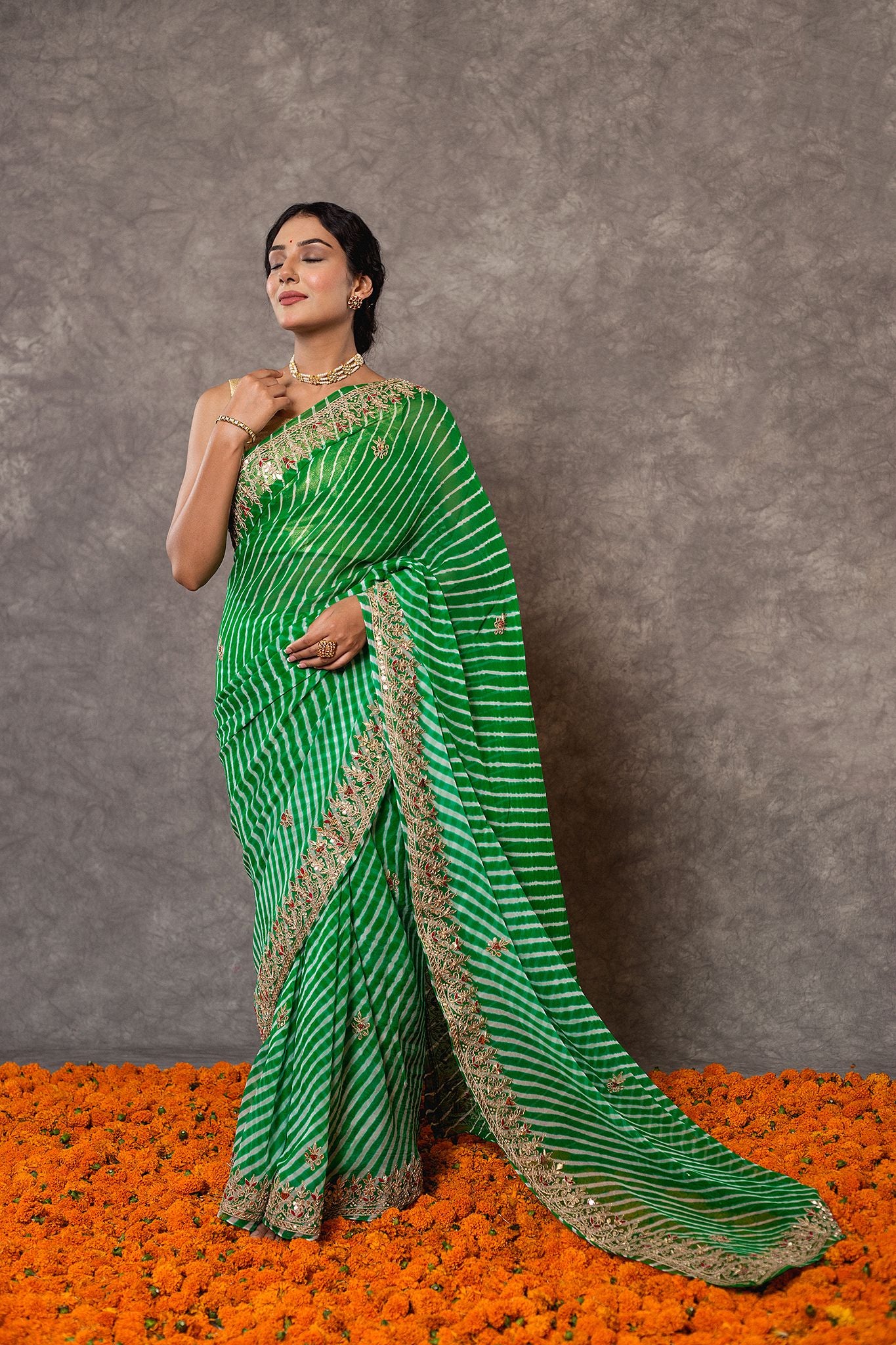 Green lehariya Pure Georgette 20 Gsm gota pati border butti handwork traditional wear saree
