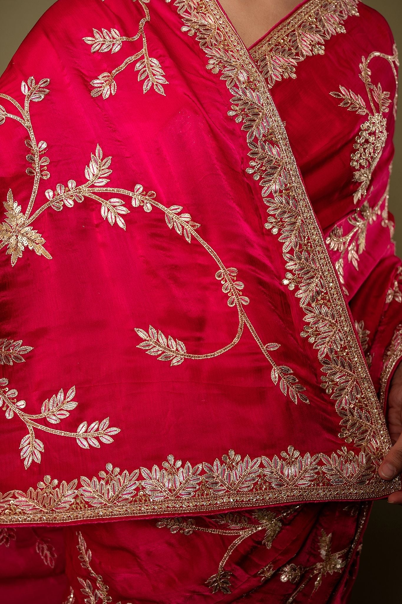 Red Pure Silk Satin aari gotta parti border butti jaal handwork saree