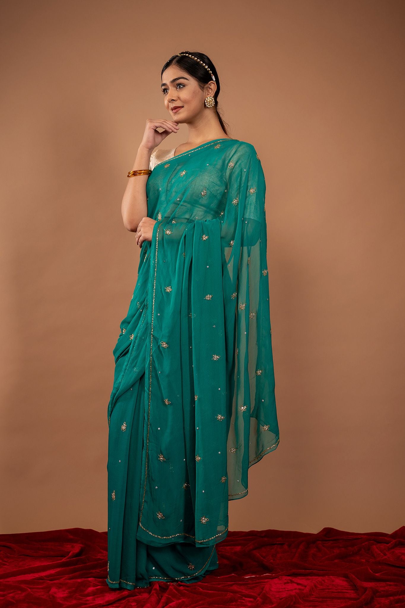 Rama green viscose chiffon kardana motif handwork casual wear saree