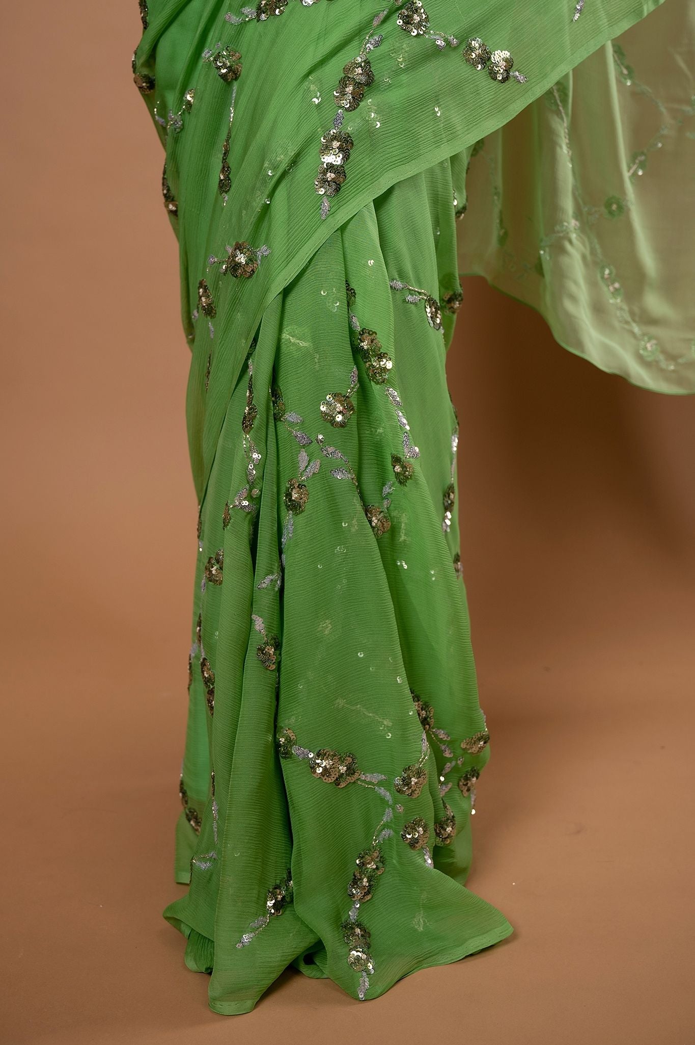 parrot green light dark pure chiffon sequins jaal handwork saree