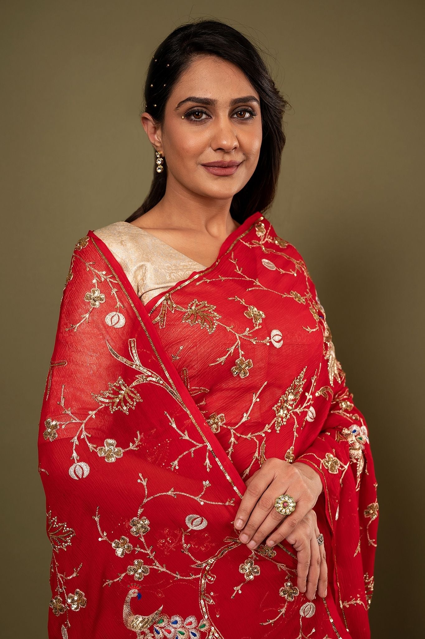 red pure chiffon aari sequins jaal handwork saree